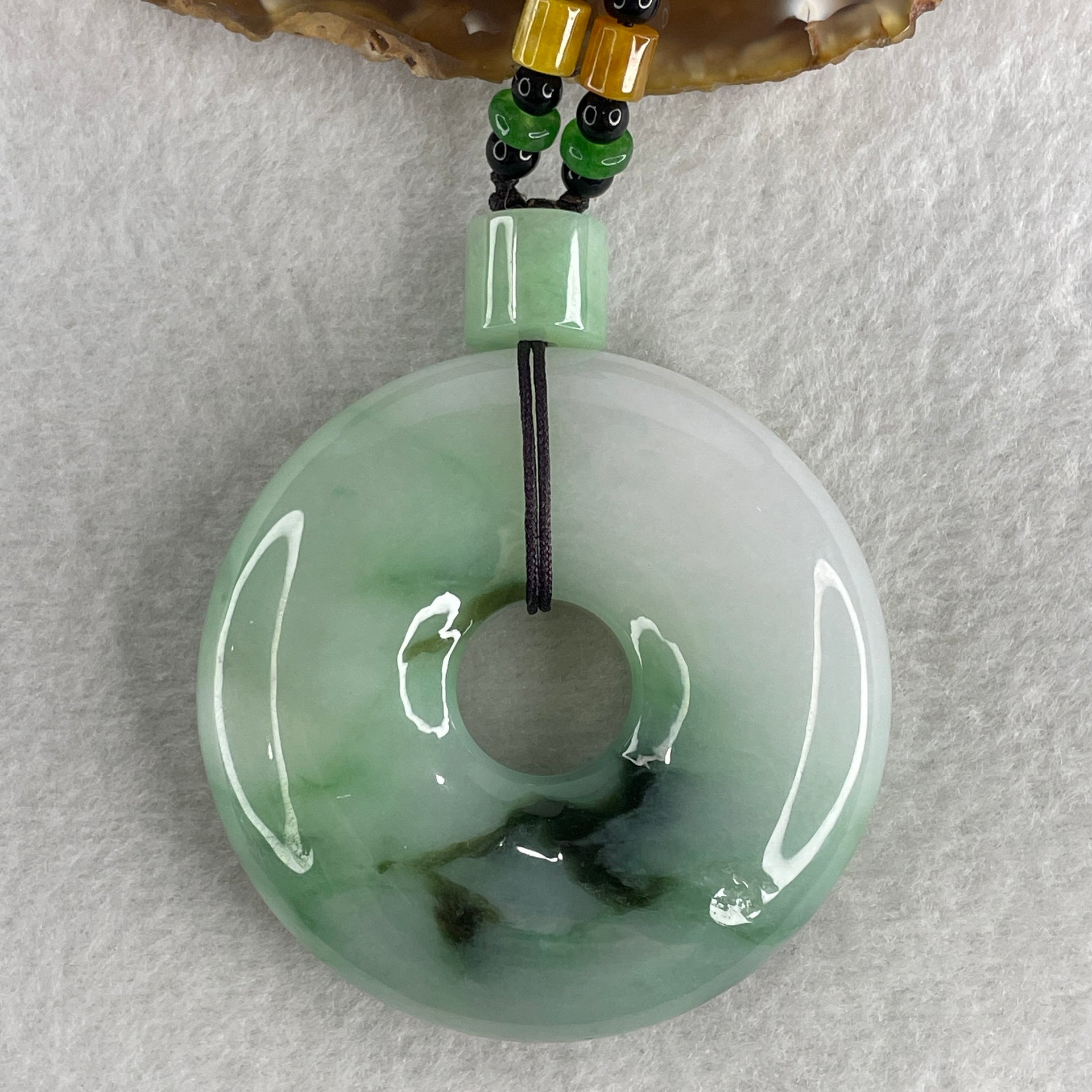 Natural Type A Green with Emerald Green and Lavender Piao Hua Jadeite Donut Pendant 91.56g 54.8 by 14.0mm - Huangs Jadeite and Jewelry Pte Ltd