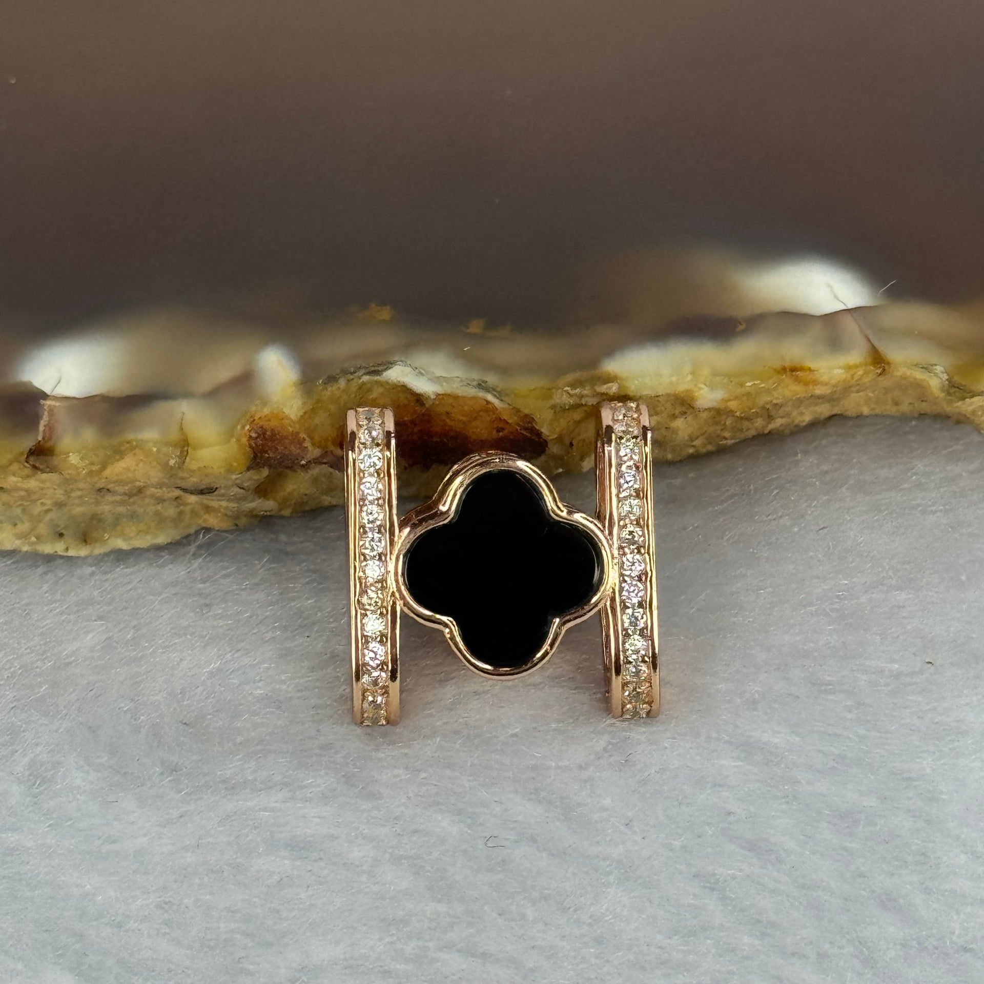 Type A Translucent Black Omphasite Jadeite Double Sided Clover with Crystals in S925 Sliver Rose Gold Color Charm 2.05g 7.7 by 7.7 by 1.5mm - Huangs Jadeite and Jewelry Pte Ltd