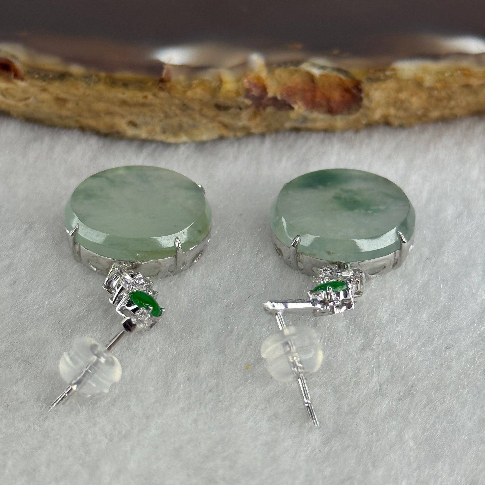 Type A Icy Faint Green with Blueish Green Piao Hua Jade Jadeite Earrings 18k White gold, diamonds and white sapphires 5.08g 33.6 by 14.8 by 5.2mm - Huangs Jadeite and Jewelry Pte Ltd