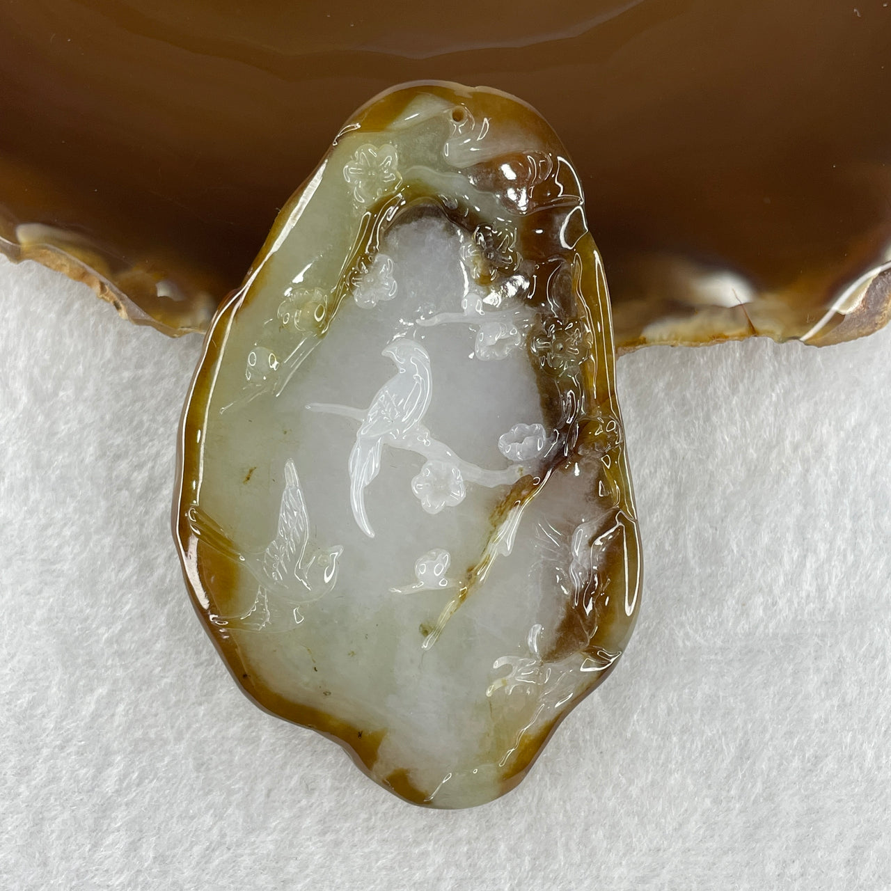 Certified Natural Type A Brown with Faint Green Faint Lavender Jadeite Bird with Flowers Pendant 41.78g 72.2 by 46.3 by 7.9mm