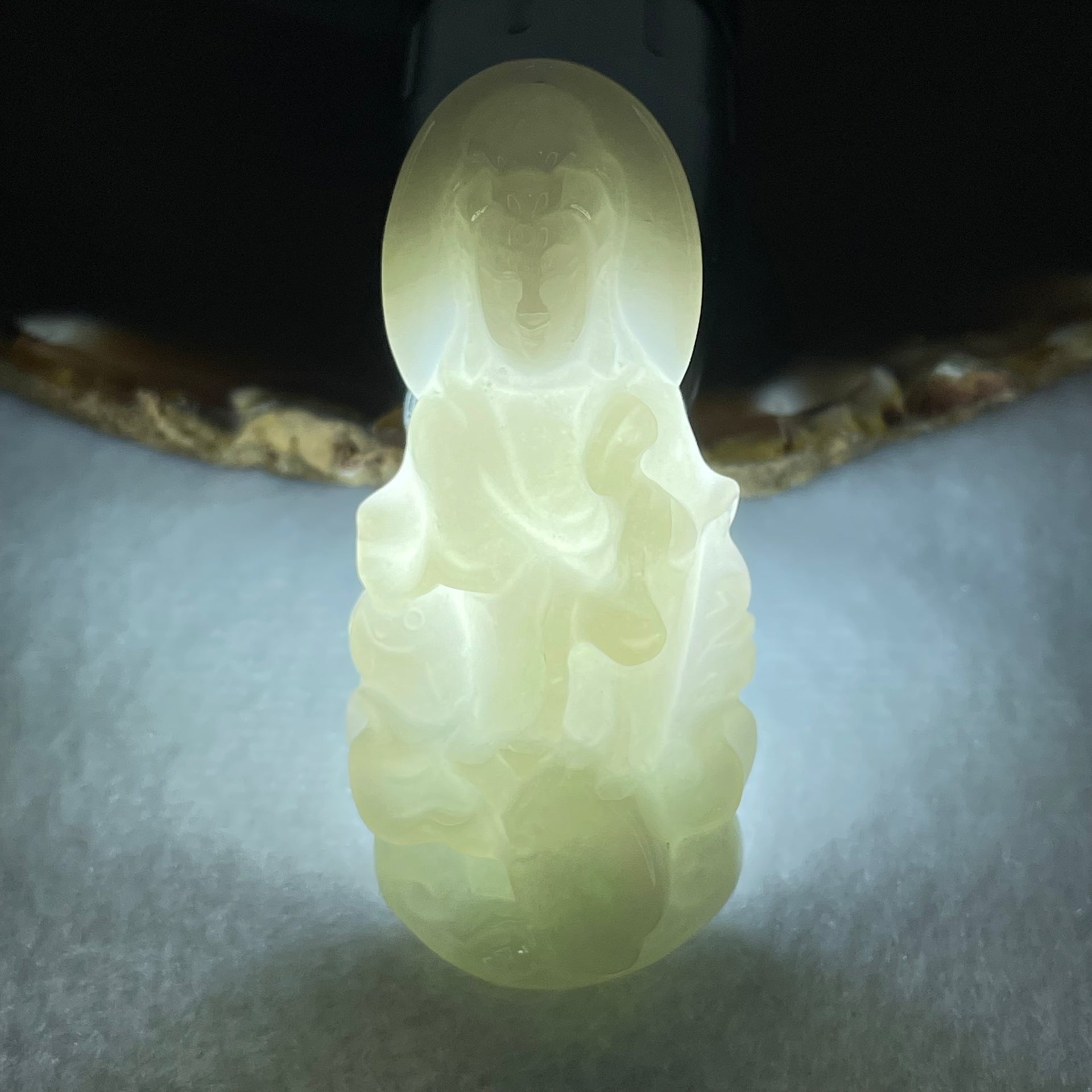 Type A Faint Green Lavender Jadeite Guan Yin Pendant 37.10g 61.8 by 28.3 by 14.3mm - Huangs Jadeite and Jewelry Pte Ltd