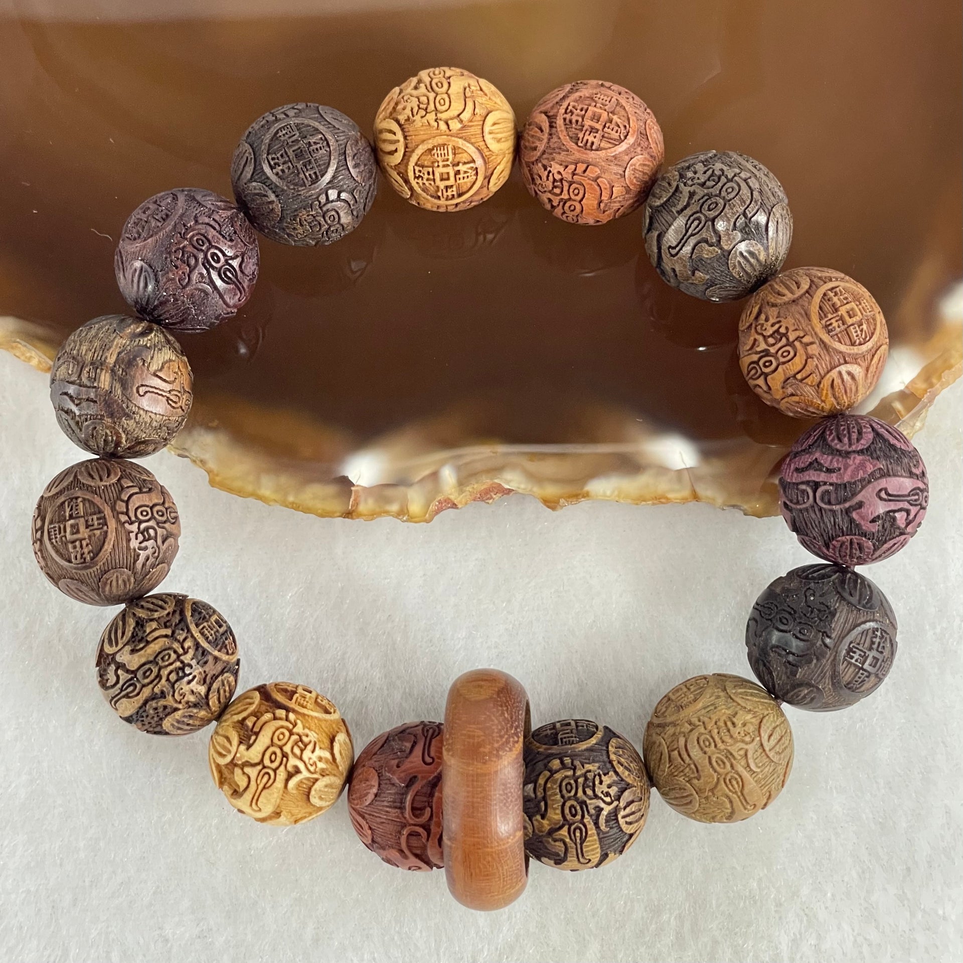 Natural Multi Color Rosewood with Prosperity Pixiu and Coin Beads Bracelet 24.55g 18cm 15.2mm 15 Beads - Huangs Jadeite and Jewelry Pte Ltd
