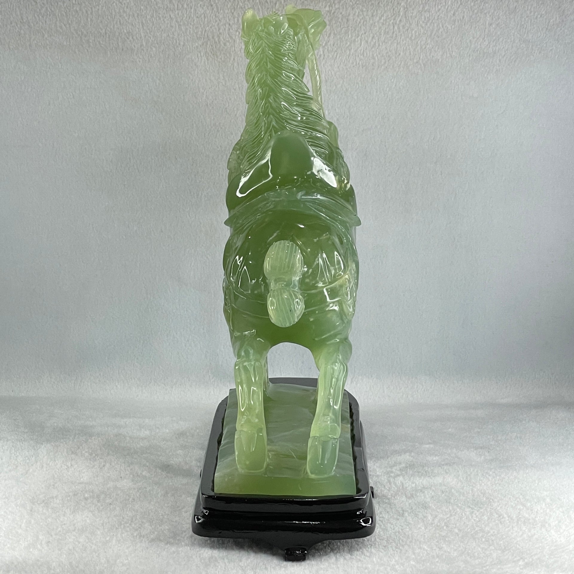 Natural Semi Icy Green Serpentine Victory Horse with Wooden Stand Display 2,644.2g 270.0 by 96.0 by 260.0mm - Huangs Jadeite and Jewelry Pte Ltd