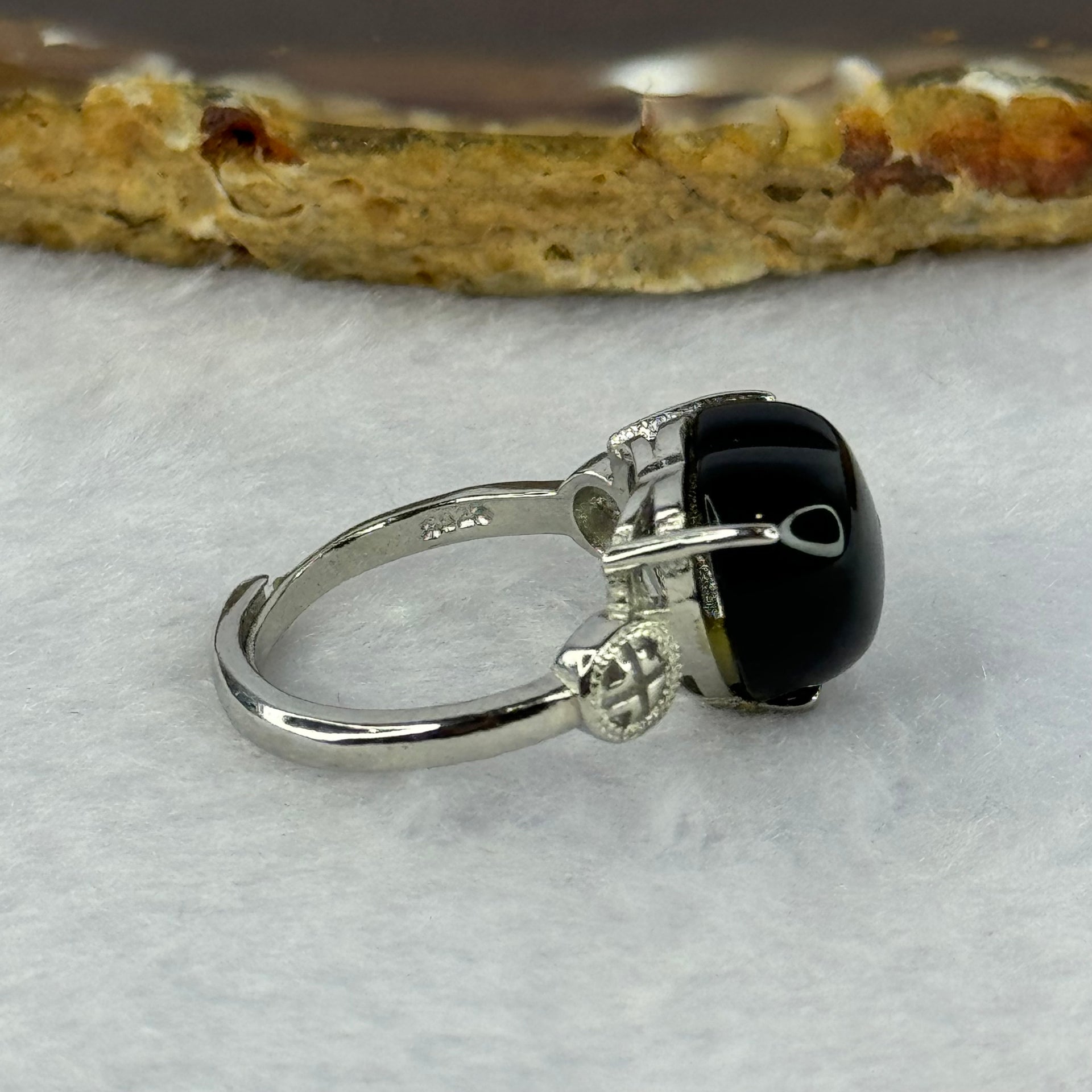 Natural Black Obsidian in S925 Sliver Ring (Adjustable Size) 3.47g 12.2 by 11.5 by 7.1mm - Huangs Jadeite and Jewelry Pte Ltd