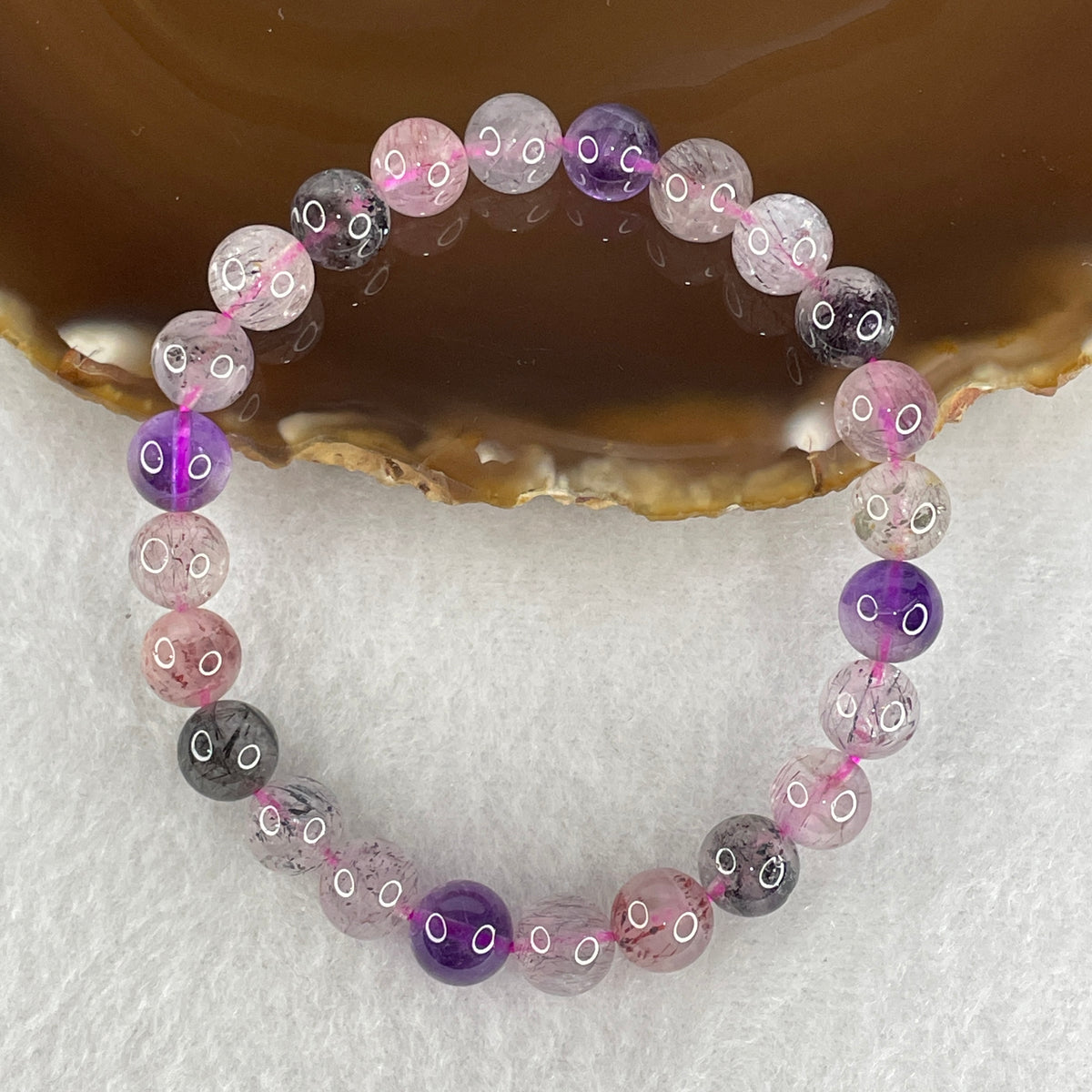 Certified Above Average Grade Natural Super 7 Crystal Beads Bracelet | 8.4mm Sacred 7-Mineral Synergy Power (17.75g | 16cm Wrist Sizing | 24 Beads)