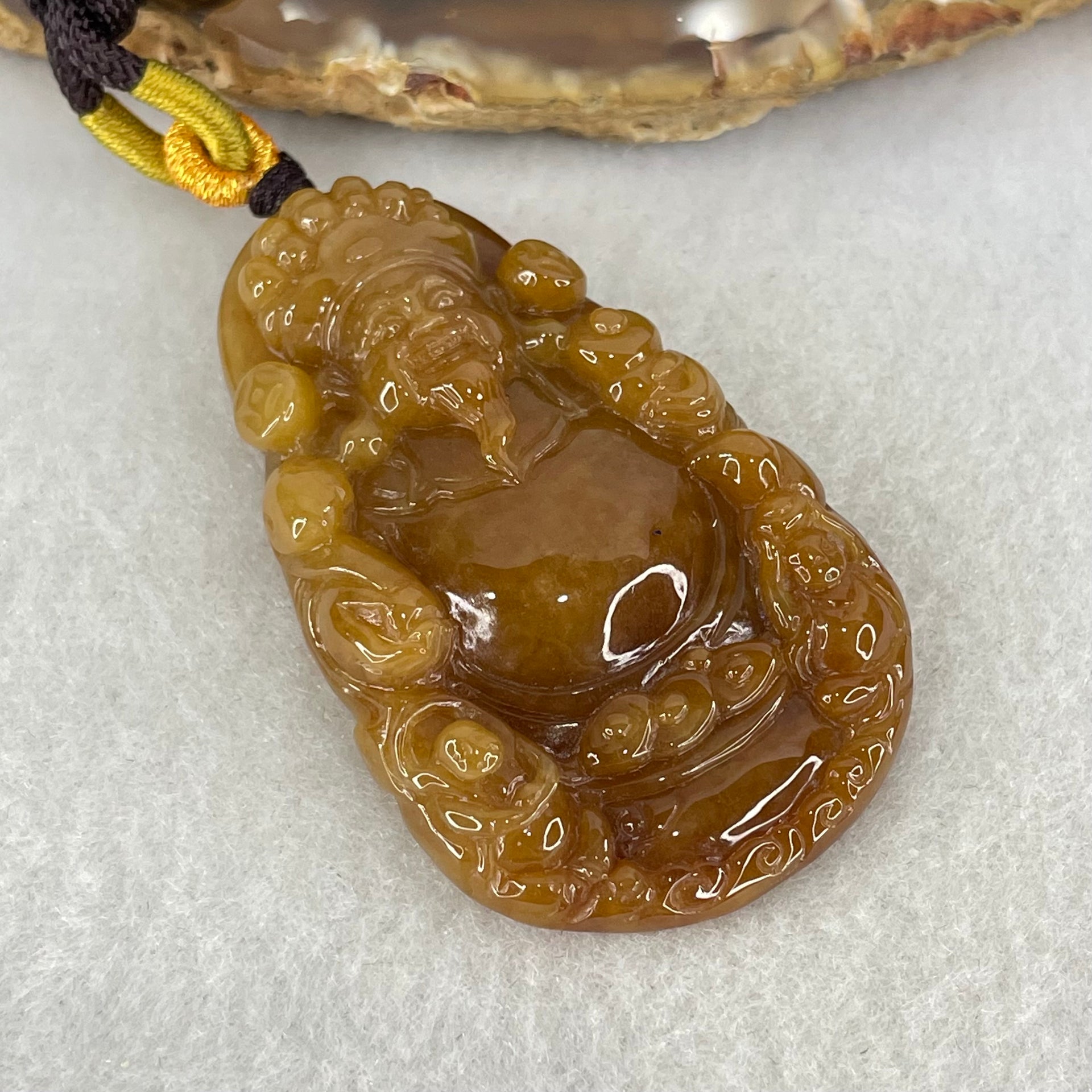 Grand Master Type A Brownish Red with Green Jadeite Cai Shen Ye God of Fortune Pendant 27.91g 53 by 32.7 by 10.5mm - Huangs Jadeite and Jewelry Pte Ltd