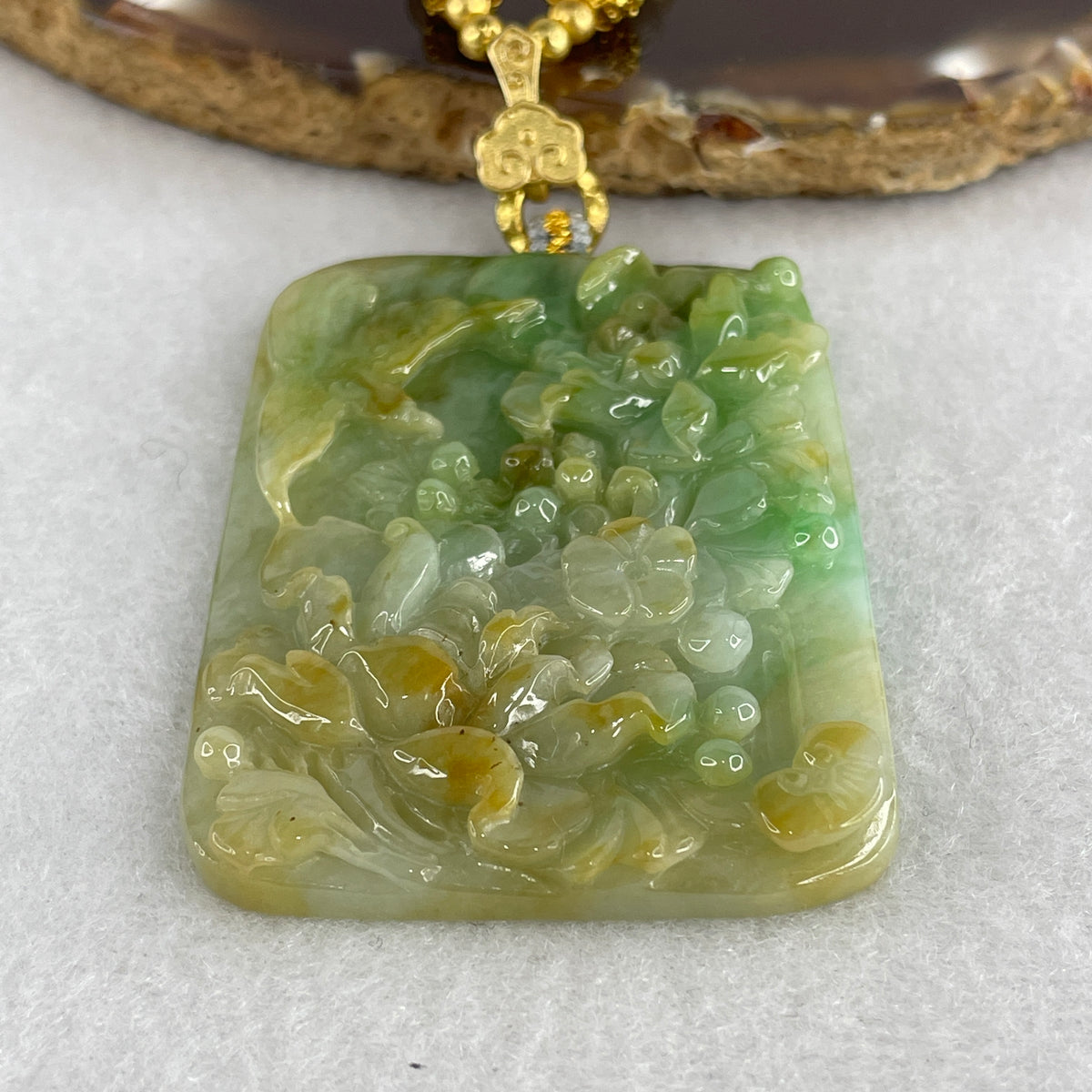 Certified Natural Type A Green & Yellow Jadeite Flower, Bird & Ruyi Pendant with Lavender Jadeite Beads Necklace | Heart & Crown Chakra (30.19g | 58cm | 54.0x40.0x6.7mm)