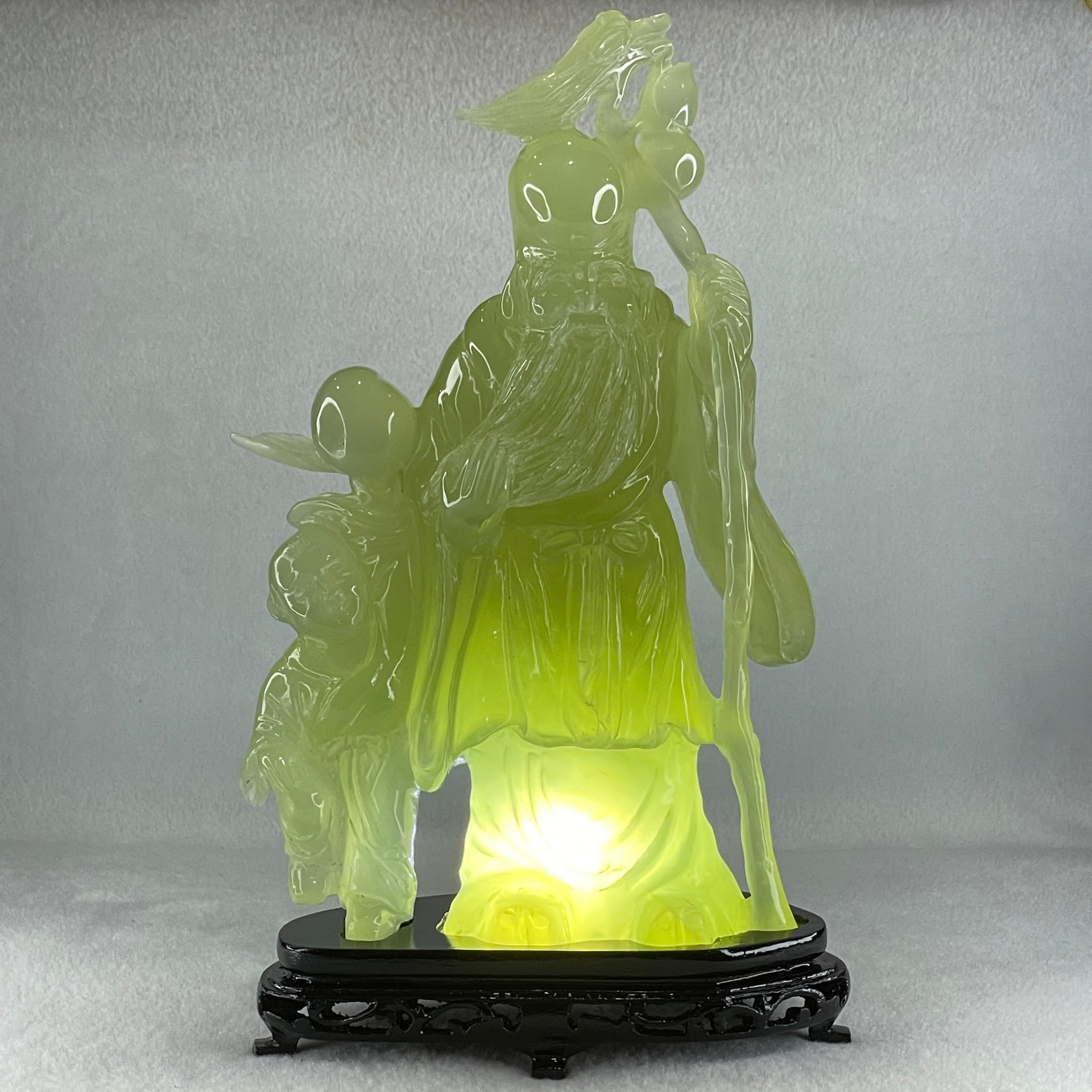 Natural Green Serpentine Shou Xing Gong and Tong Zi with Wooden Stand Display 1,535.1g 160.0 by 276.0 by 68.0mm - Huangs Jadeite and Jewelry Pte Ltd