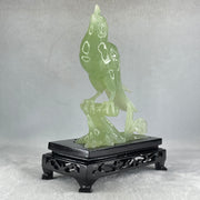 Natural Green Serpentine Javan Mynah Birds on Tree with Wooden Stand Display 430.6g 137.0 by 190.0 by 75.0mm - Huangs Jadeite and Jewelry Pte Ltd