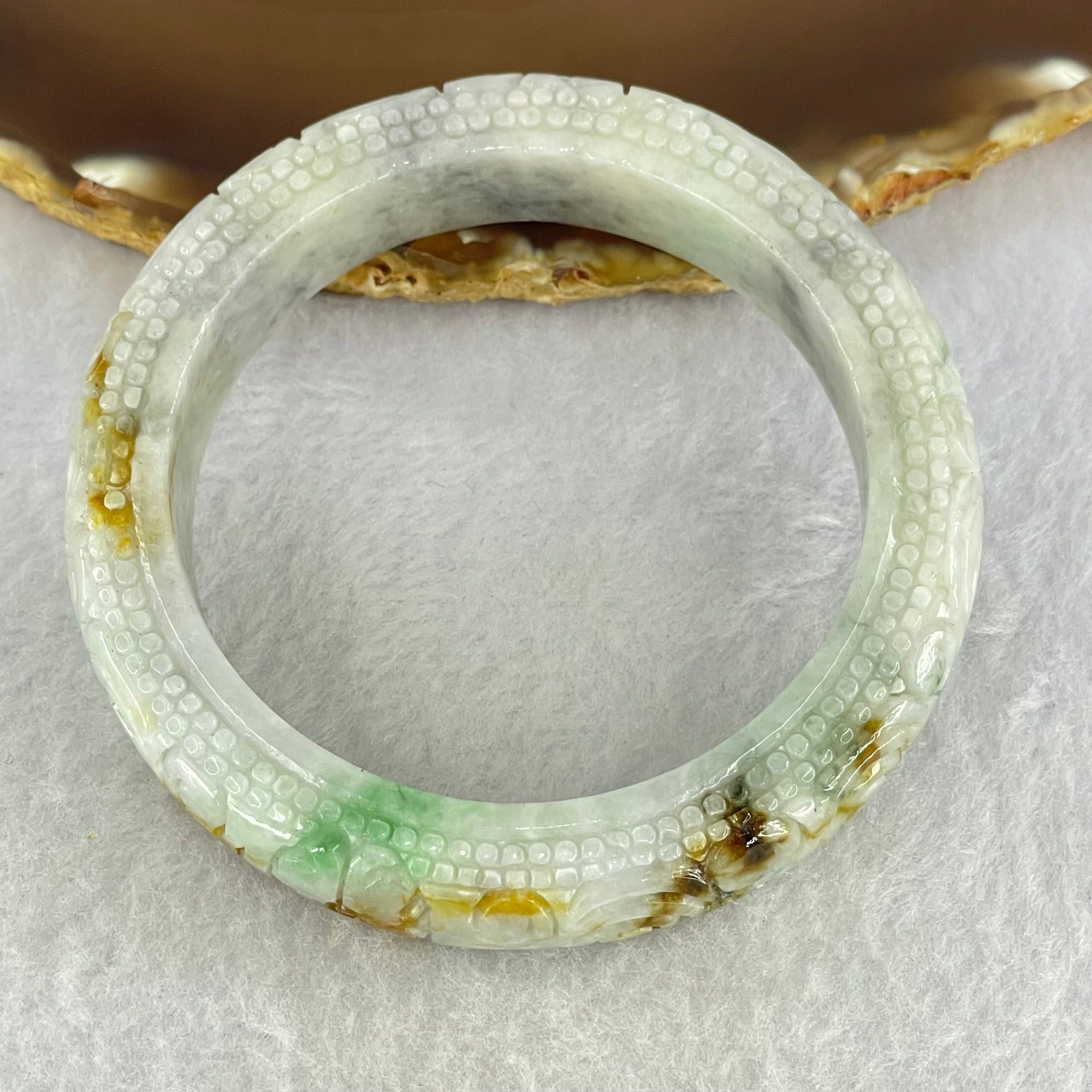 Type A Green Lavender with Brown Yellow Patches Jadeite Carved Ruyi Bangle Internal Diameter 56.3mm 76.21g 13.8 by 10.5mm (Internal Lines) - Huangs Jadeite and Jewelry Pte Ltd