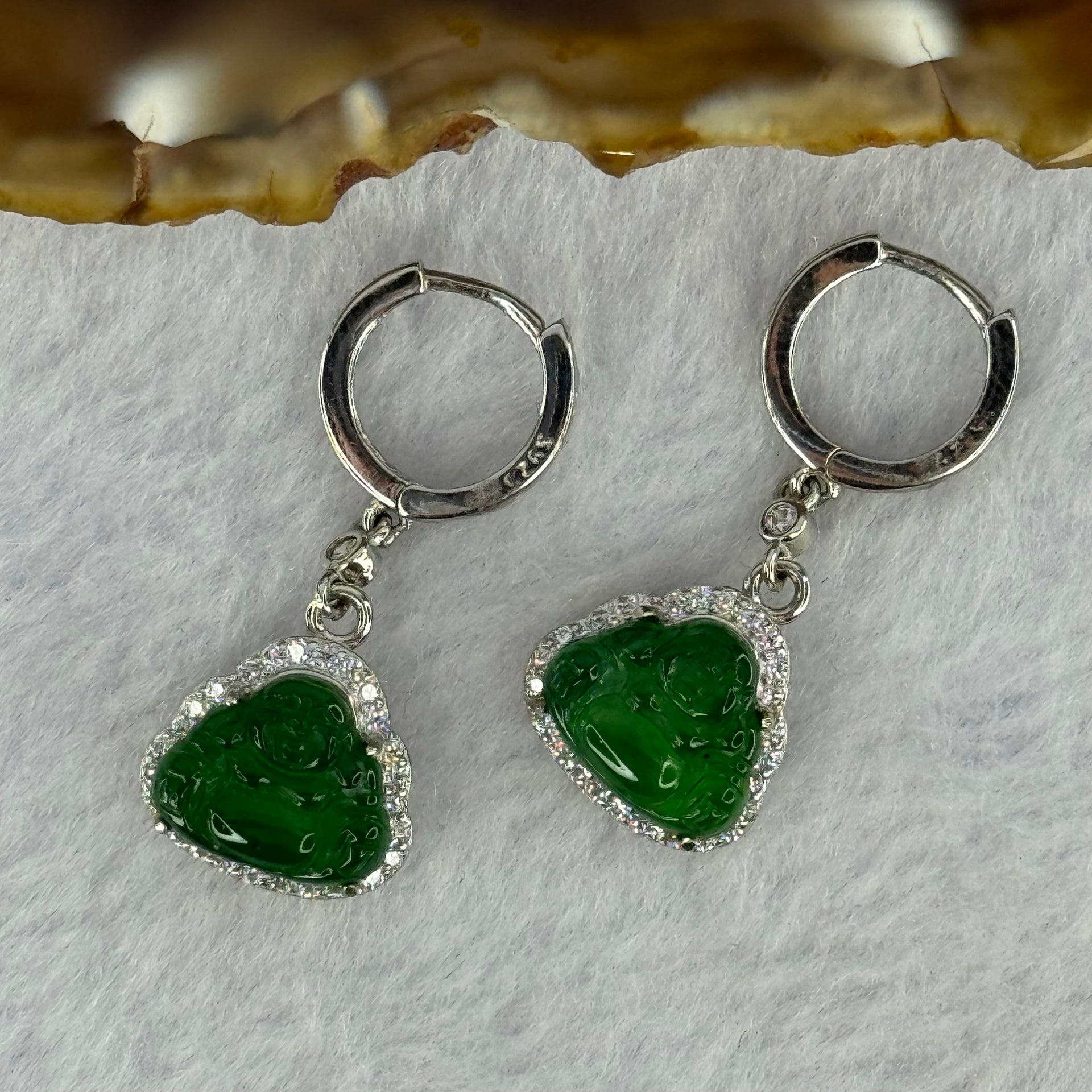 Type A Icy Green Omphasite Jadeite Milo S925 Sliver Earrings 3.64g by 8.7 by 10.6 by 2.5mm  2pcs - Huangs Jadeite and Jewelry Pte Ltd