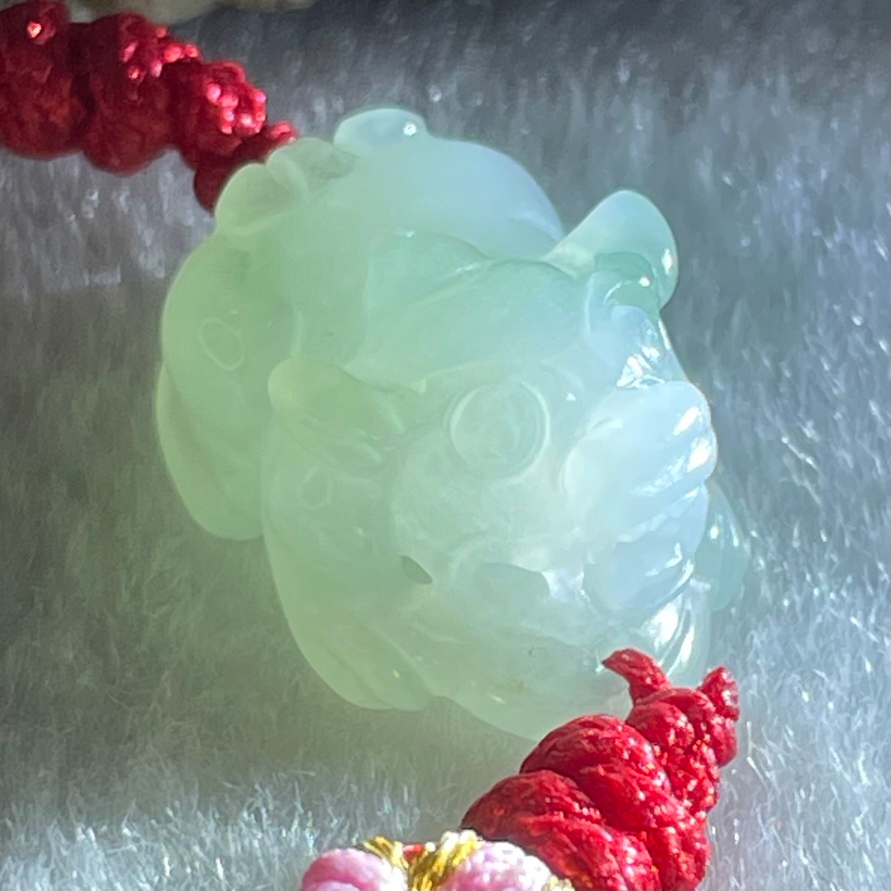 Type A Faint Green with Blueish Green Patch Jadeite Male Pixiu String Bracelet 5.60g 16.8 by 12.6 by 10.0mm - Huangs Jadeite and Jewelry Pte Ltd