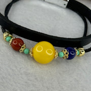 Natural Butterscotch Amber with Red Cinnabar, Lapis Lazuli and Turquoise Beads Leather Bracelet 11.92g 15cm 13.0mm - Huangs Jadeite and Jewelry Pte Ltd