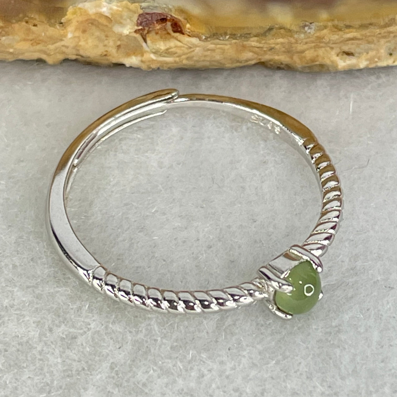 Type A Semi Icy Green Cabochon Jadeite in S925 Sliver Ring (Adjustable Size) 0.98g 3.5 by 1.8mm - Huangs Jadeite and Jewelry Pte Ltd