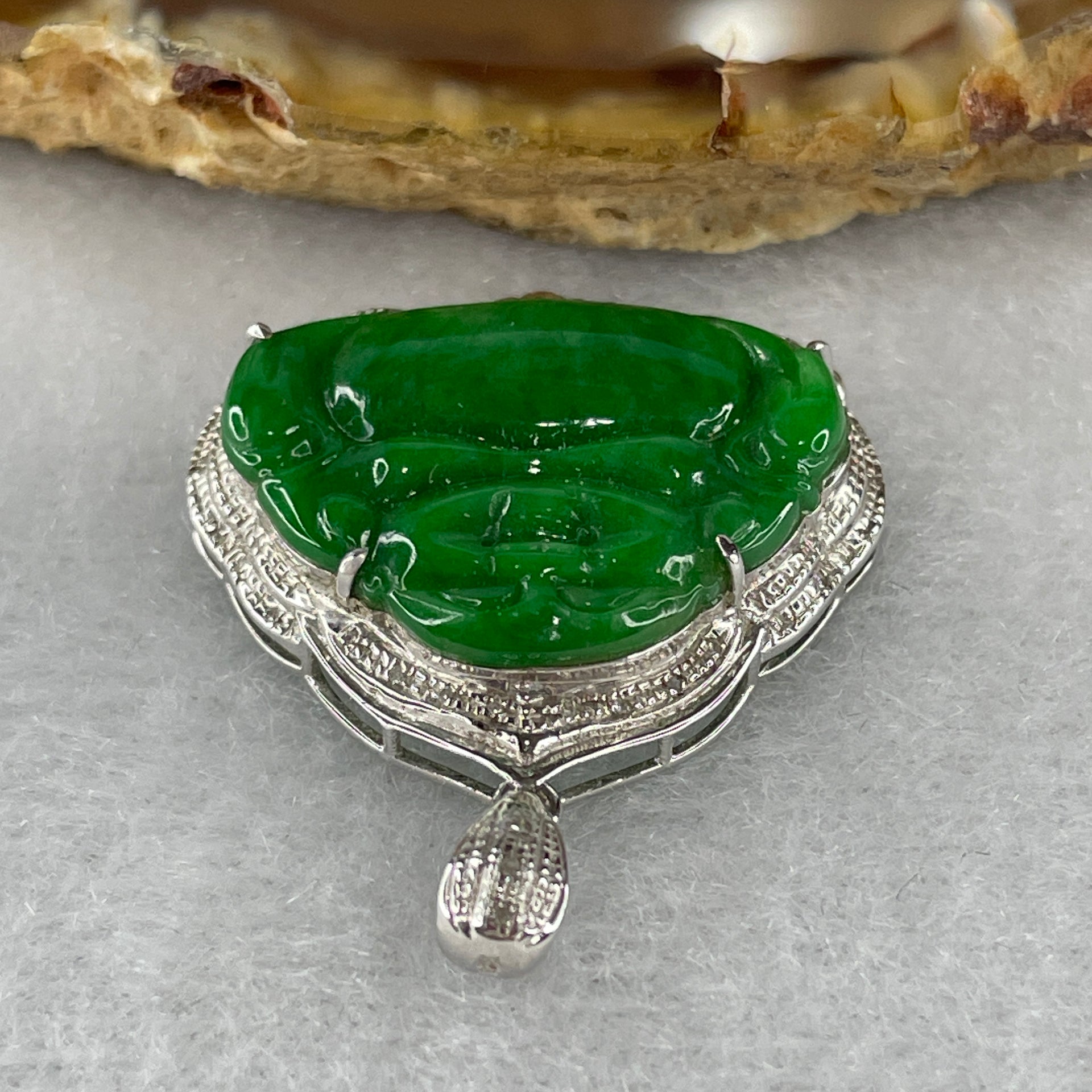 Type A Burmese Intense Green Jadeite Milo Laughing Buddha Pendant Setting 18k White Gold with Diamonds 3.40g 28.0 by 24.4 by 6.7mm - Huangs Jadeite and Jewelry Pte Ltd