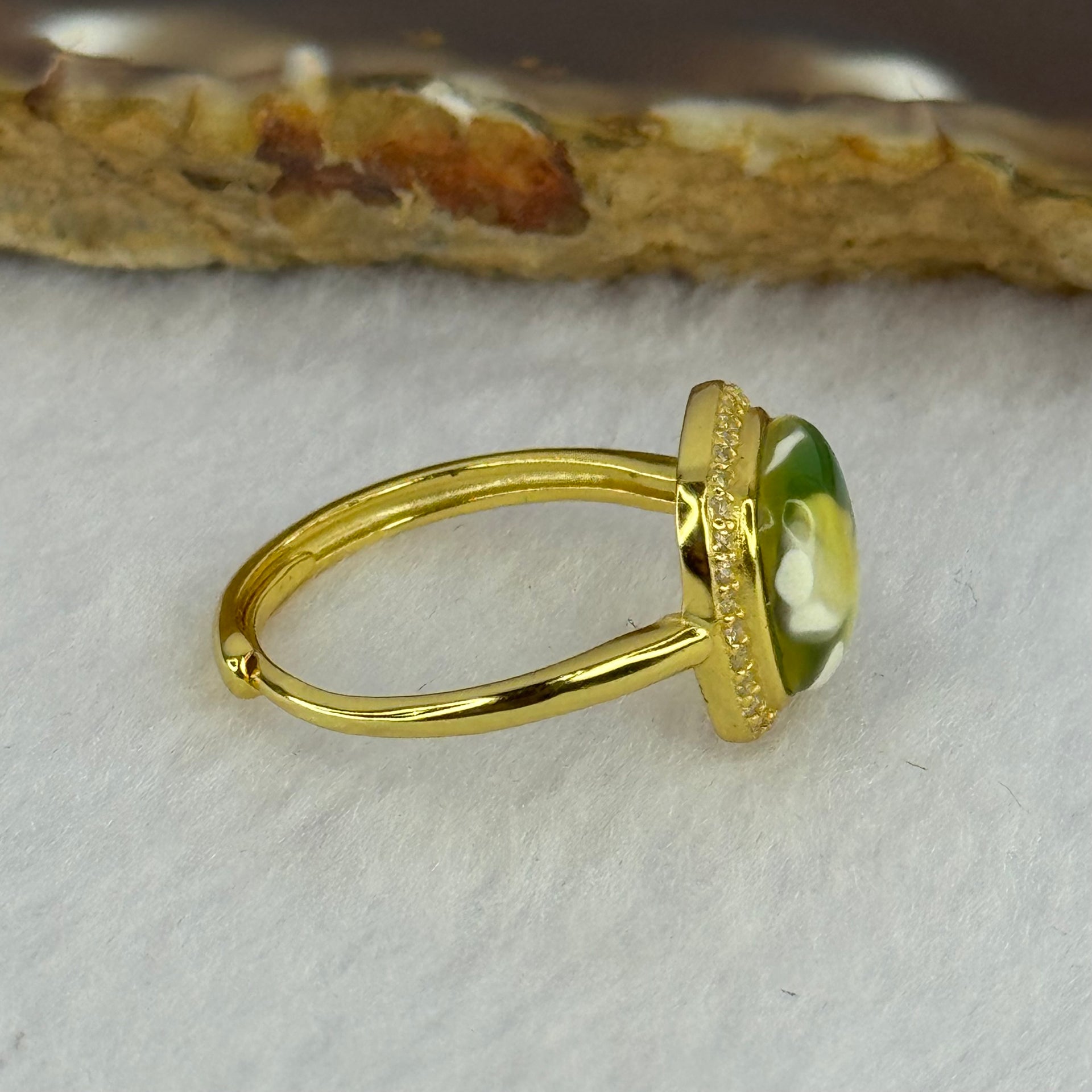 Natural Green Amber with Milk Inclusions in S925 Sliver Gold Color Ring (Adjustable Size) 2.31g 9.5 by 3.0mm - Huangs Jadeite and Jewelry Pte Ltd