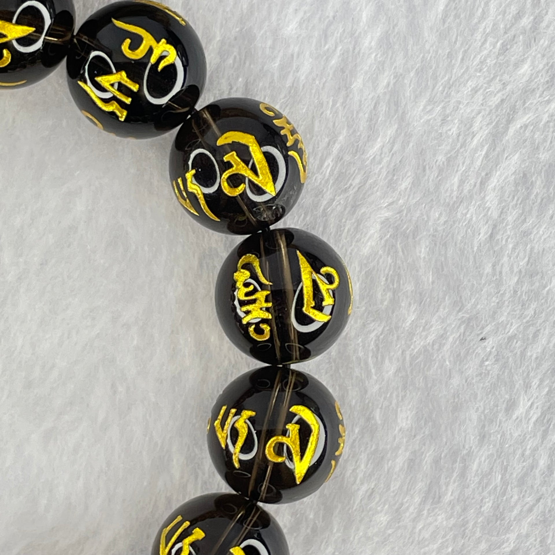 Natural Smoky Quartz Om Mani Padme Hum Beads Bracelet with Black Onyx 3 Legged Toad Charm 24.5 by 27.4 by 20.2mm 67.40g 19cm 14.1mm 14 Beads - Huangs Jadeite and Jewelry Pte Ltd