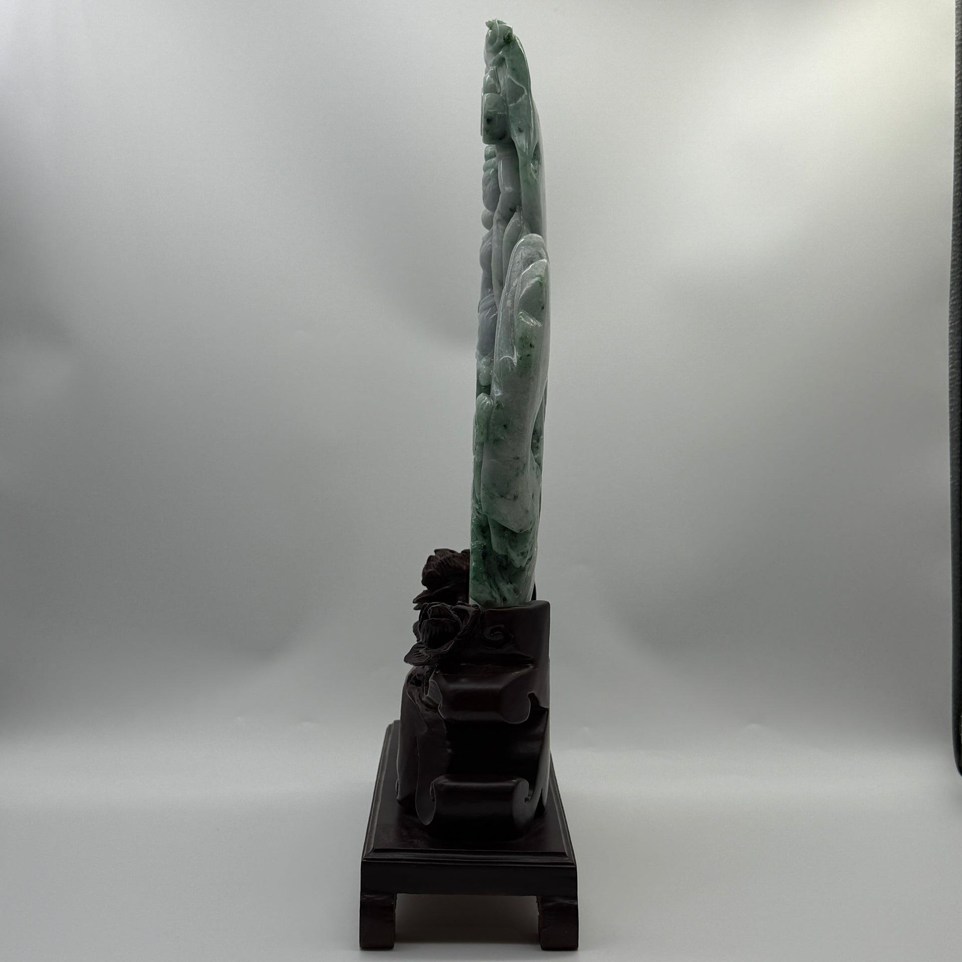 Type A Lavender and Green with Spicy Green Spots 仙女 with Wooden Stand Display Piece 3.38kg Dimensions with Stand 43 by 27 by 10cm Jadeite Dimensions 31 by 22 by 3cm - Huangs Jadeite and Jewelry Pte Ltd