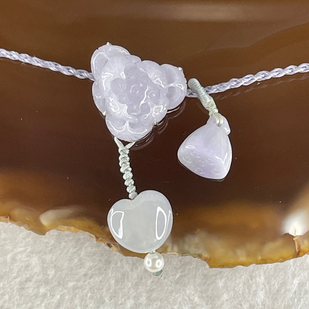 Natural Type A Light Lavender Jadeite Lotus Flower with Heart Shape on String Necklace 6.97g 14.5 by 16.8 by 8.8mm - Huangs Jadeite and Jewelry Pte Ltd
