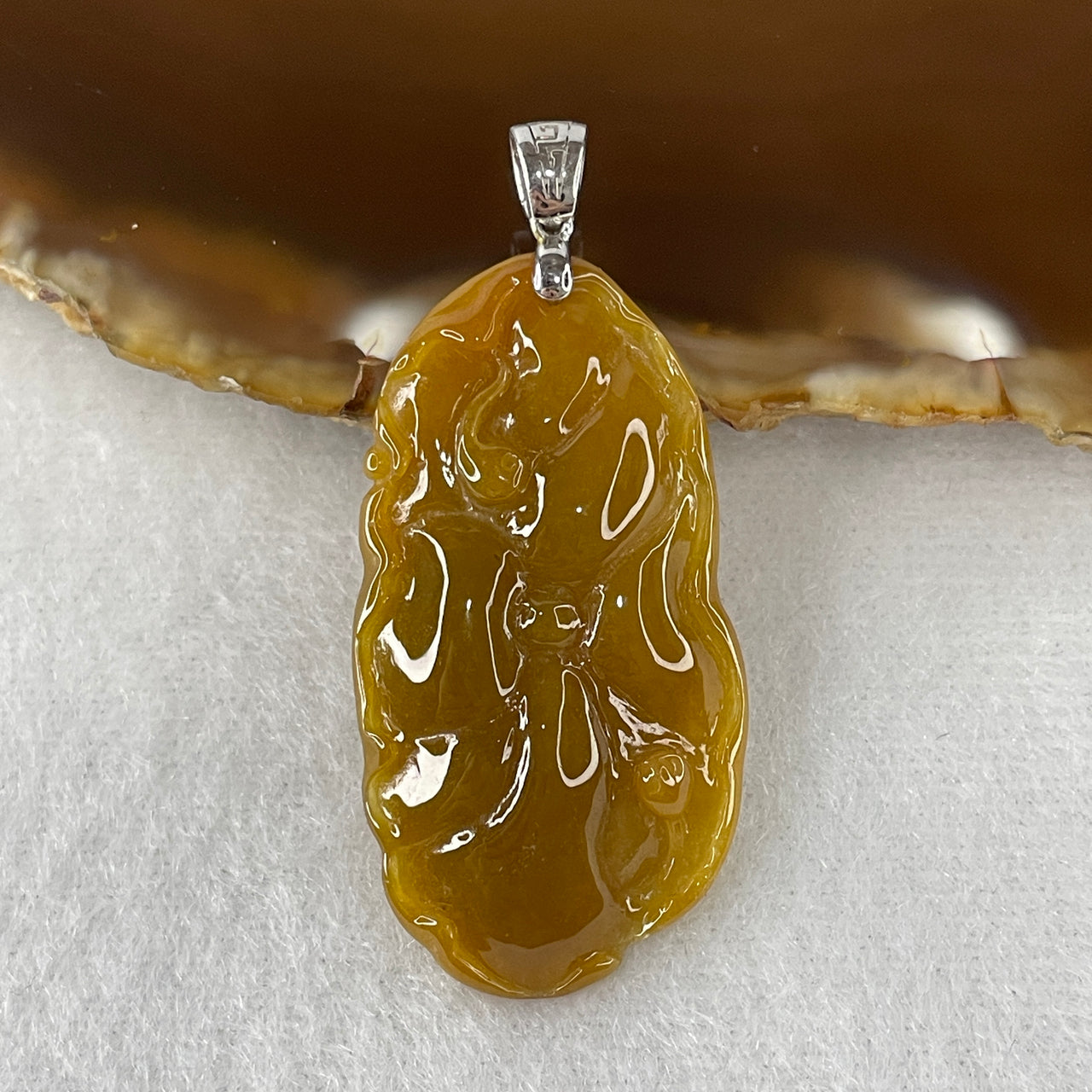Certified Natural Type A Brownish Jadeite "Seeking for Enlightenment" Pendant | Premium S925 Sterling Silver Clasp | Authentic Myanmar Feicui Meditating Monk, Wisdom & Root Chakra Grounding Amulet (7.13g | 39.6x21.3x5.0mm)
