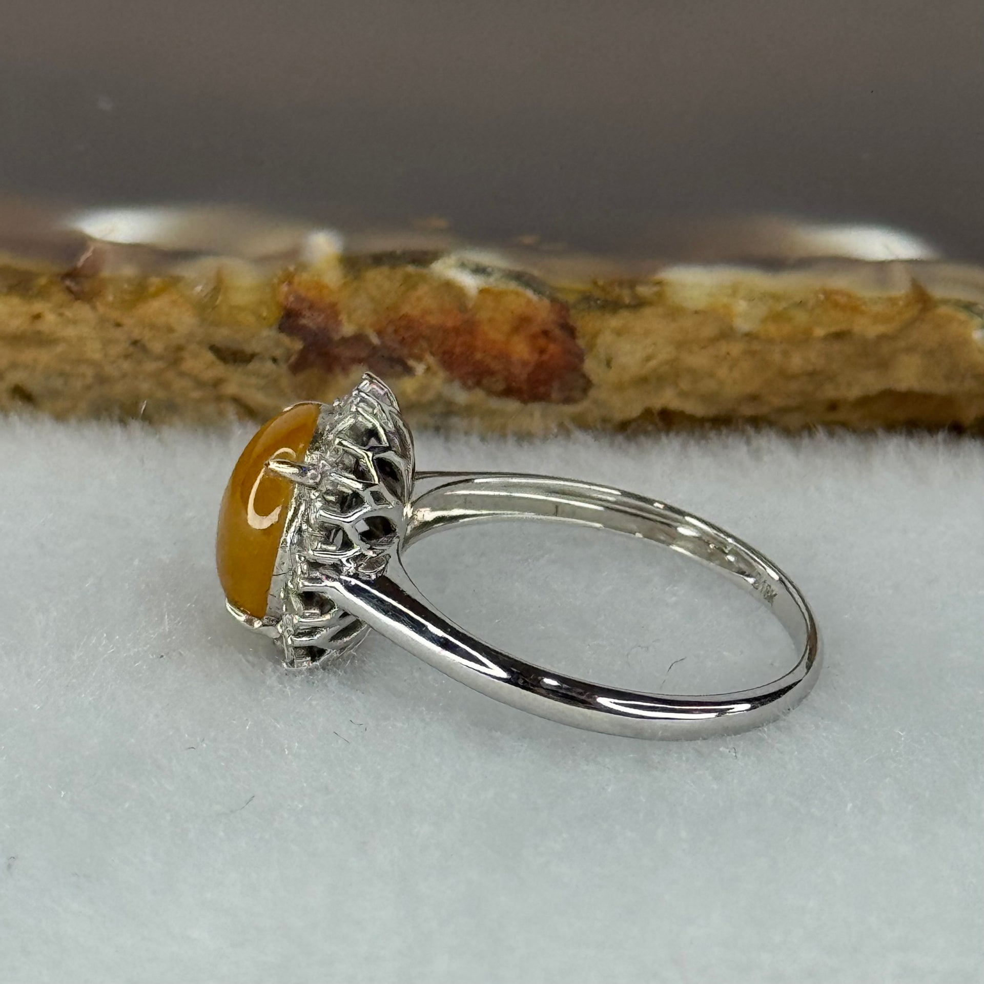 Certified Rare Type A Semi Icy Yellow Jade Jadeite 9.6 by 7.9 by 3mm Ring in 18k white gold, natural diamonds and sapphires 2.95g US6.75 HK14.5 Inner Diameter 17.5mm - Huangs Jadeite and Jewelry Pte Ltd