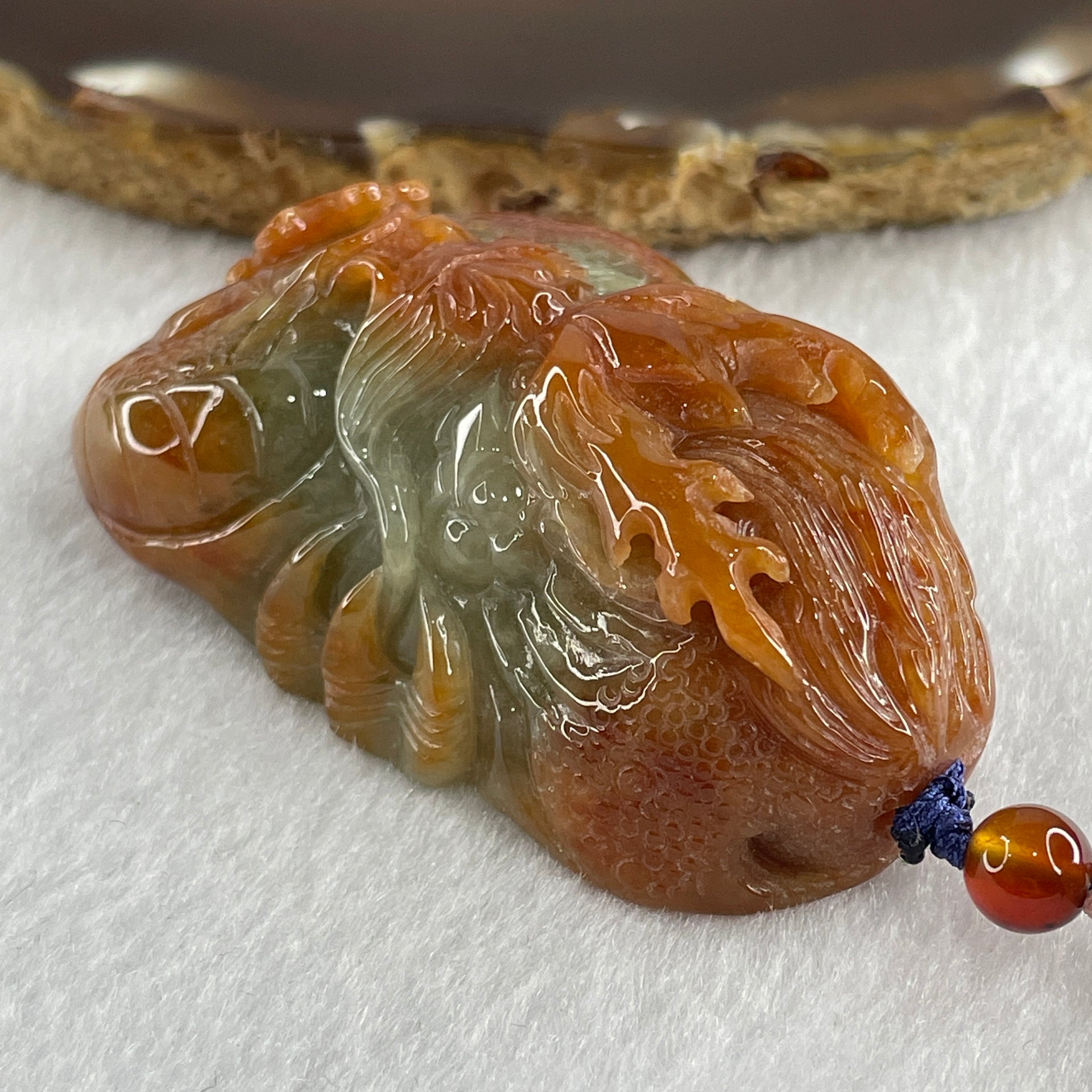 Type A Brownish Red with Green Jadeite Dragon Double Side Pendant 75.20g 58.5 by 36.2 by 22.6mm - Huangs Jadeite and Jewelry Pte Ltd