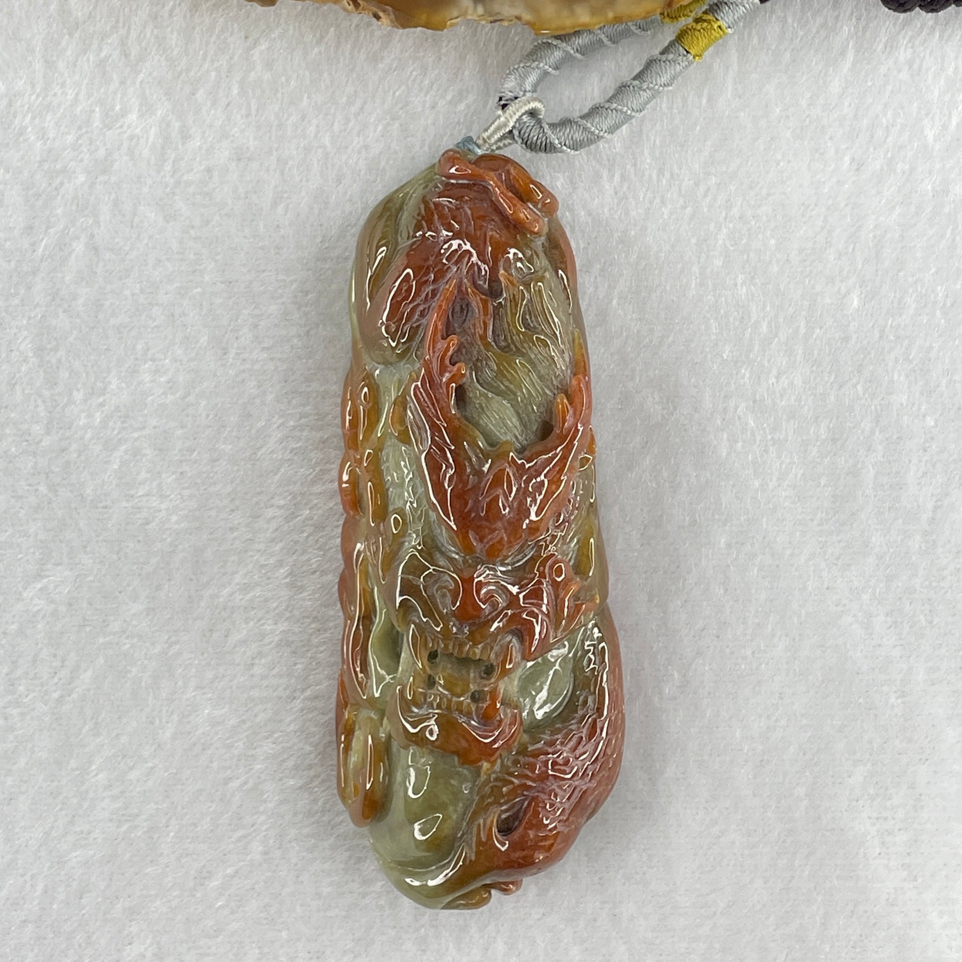 Grand Mater Type A Brownish Red with Green Jadeite Dragon Double Side Pendant 104.37g 81.8 by 1.9 by 22.5mm - Huangs Jadeite and Jewelry Pte Ltd