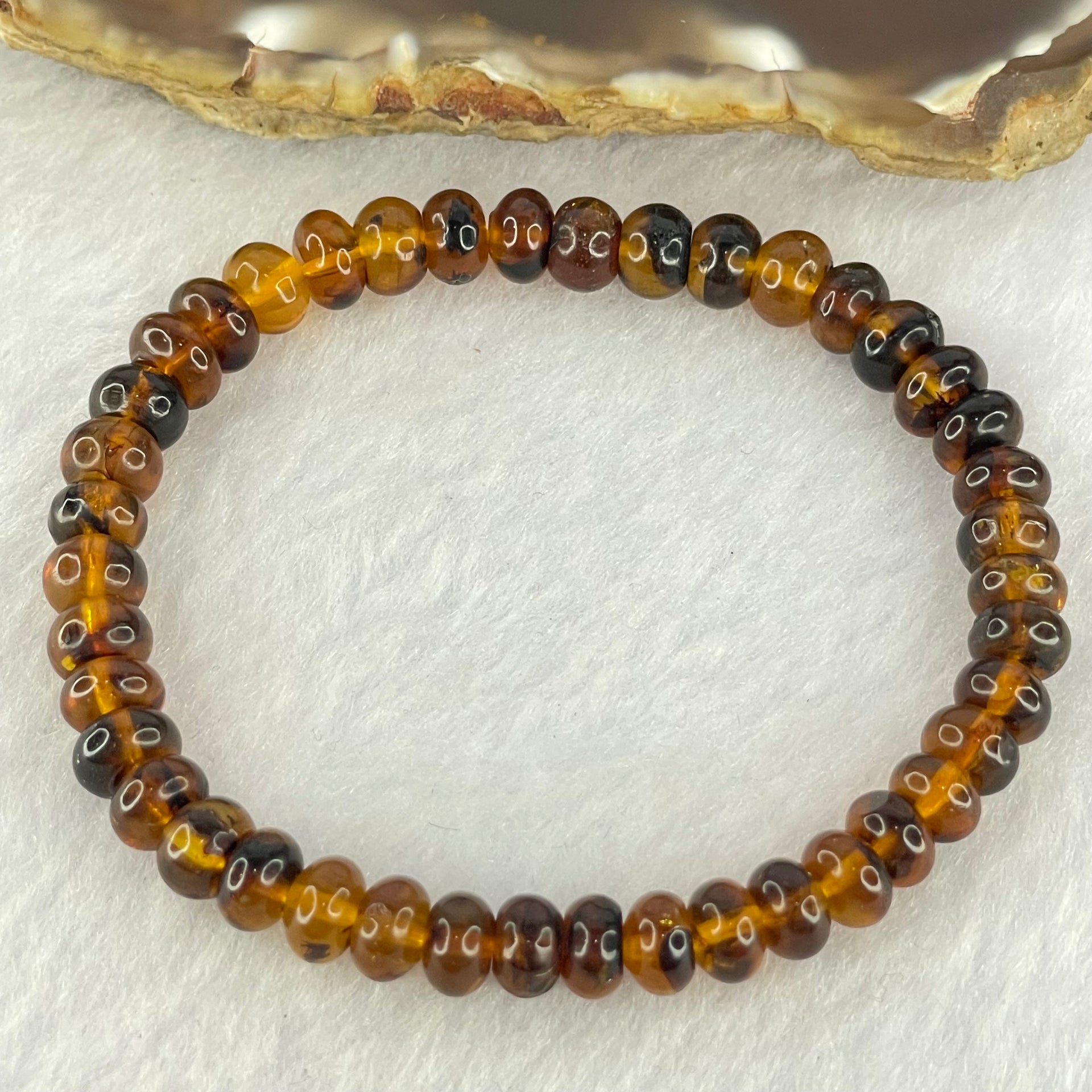 Natural Dark Brownish Yellow Medicine Amber Beads Bracelet 天然抚顺药珀手链 4.44g 15.5cm 7.2mm 42 Beads - Huangs Jadeite and Jewelry Pte Ltd