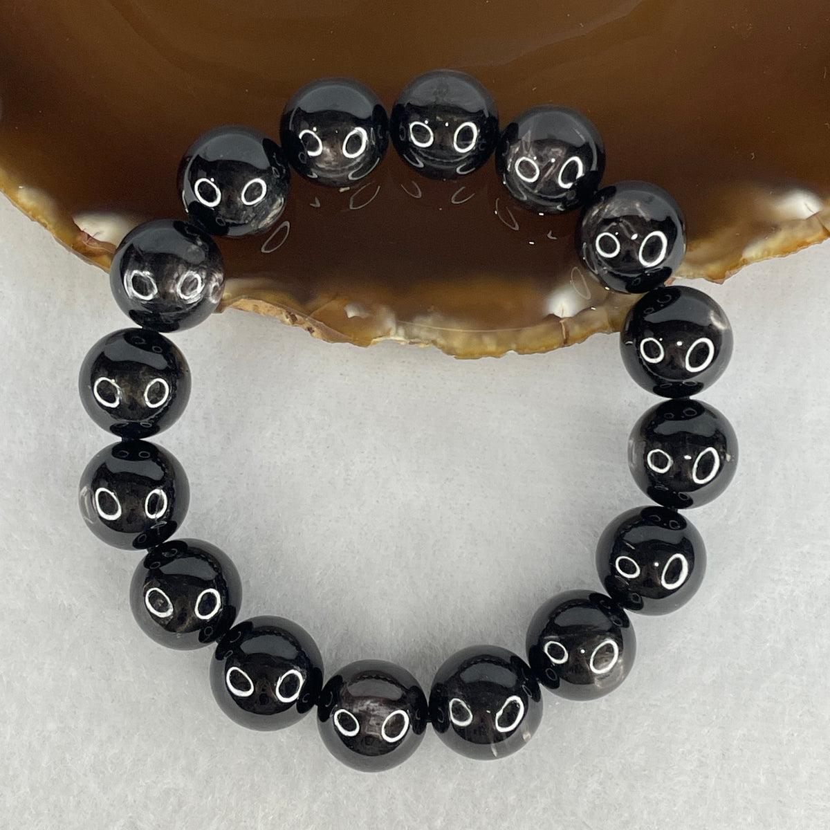 Certified Good Grade Natural Black Hypersthene Enstatite Beads Bracelet | 17.5cm Statement Strand of 16 Matched 13.8mm Statement Beads (70.64g | Metallic Silver Schiller Sheen | "Velvet Labradorite" Shielding & Laser Focus)