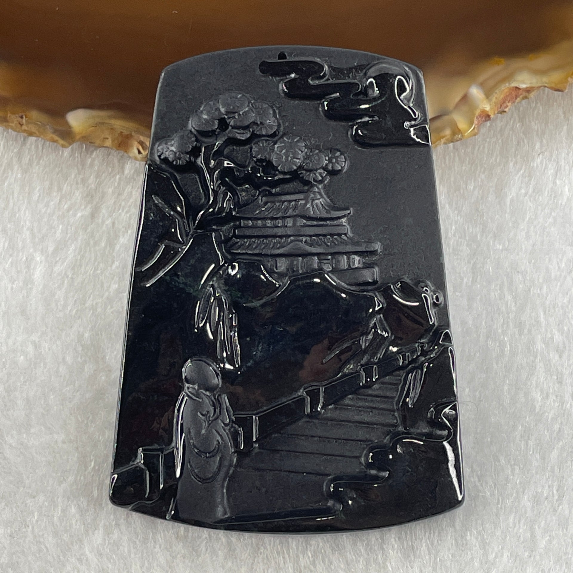 Type A Opaque to Partial Translucent Black Omphacite Jadeite Shan Shui with Guiren Benefactor Pendant 23.01g 60.5 by 42.6 by 6.2mm - Huangs Jadeite and Jewelry Pte Ltd