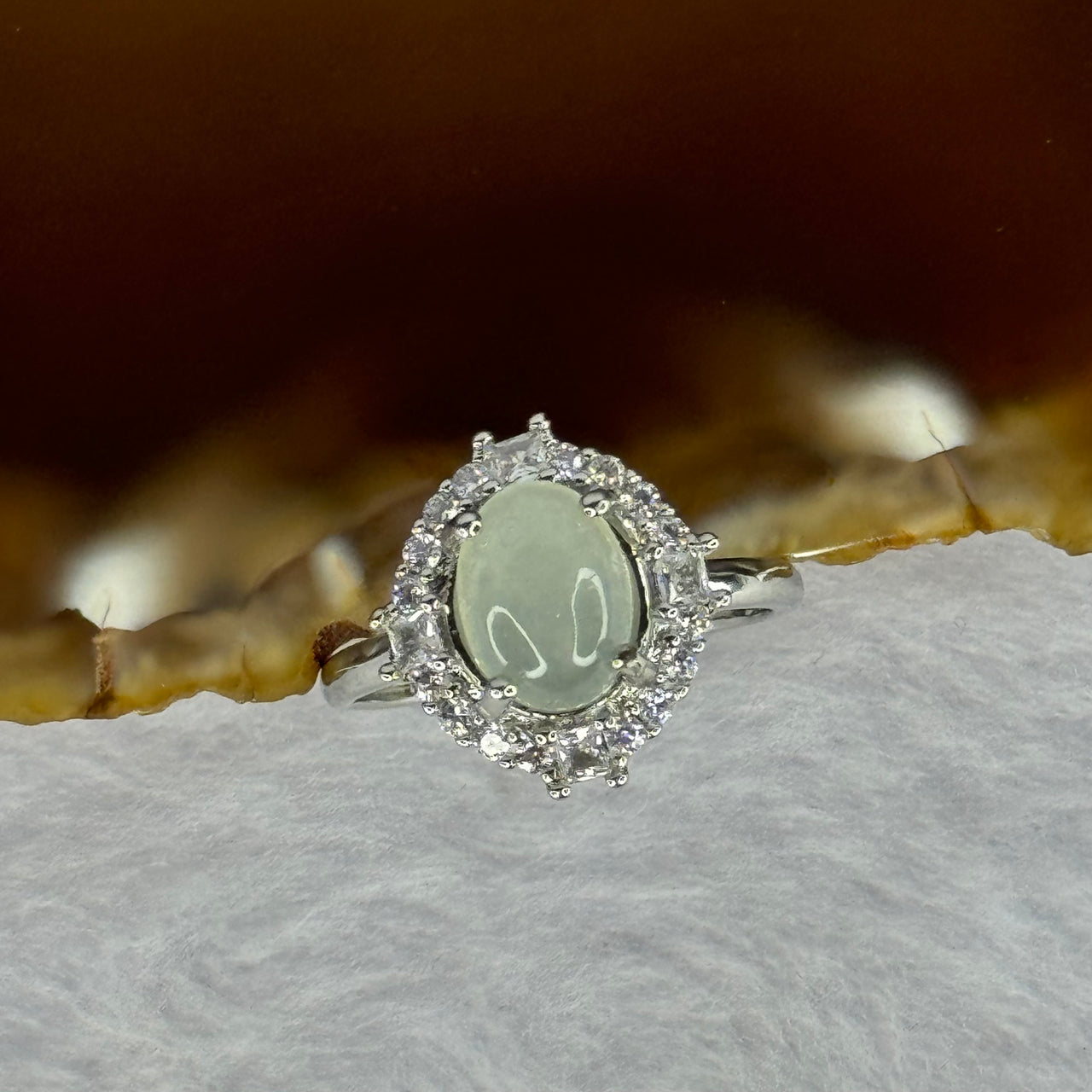 Type A Semi Icy Light Green Jadeite with Crystals in S925 Sliver Ring (Adjustable Size) 2.68g 8.7 by 6.7 by 3.5mm - Huangs Jadeite and Jewelry Pte Ltd