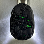 Type A Opaque to Partial Translucent Black Omphacite Jadeite Deer, Bat, Peach, Coins and Ruyi Pendant 27.95g 56.4 by 38.2 by 9.4mm - Huangs Jadeite and Jewelry Pte Ltd