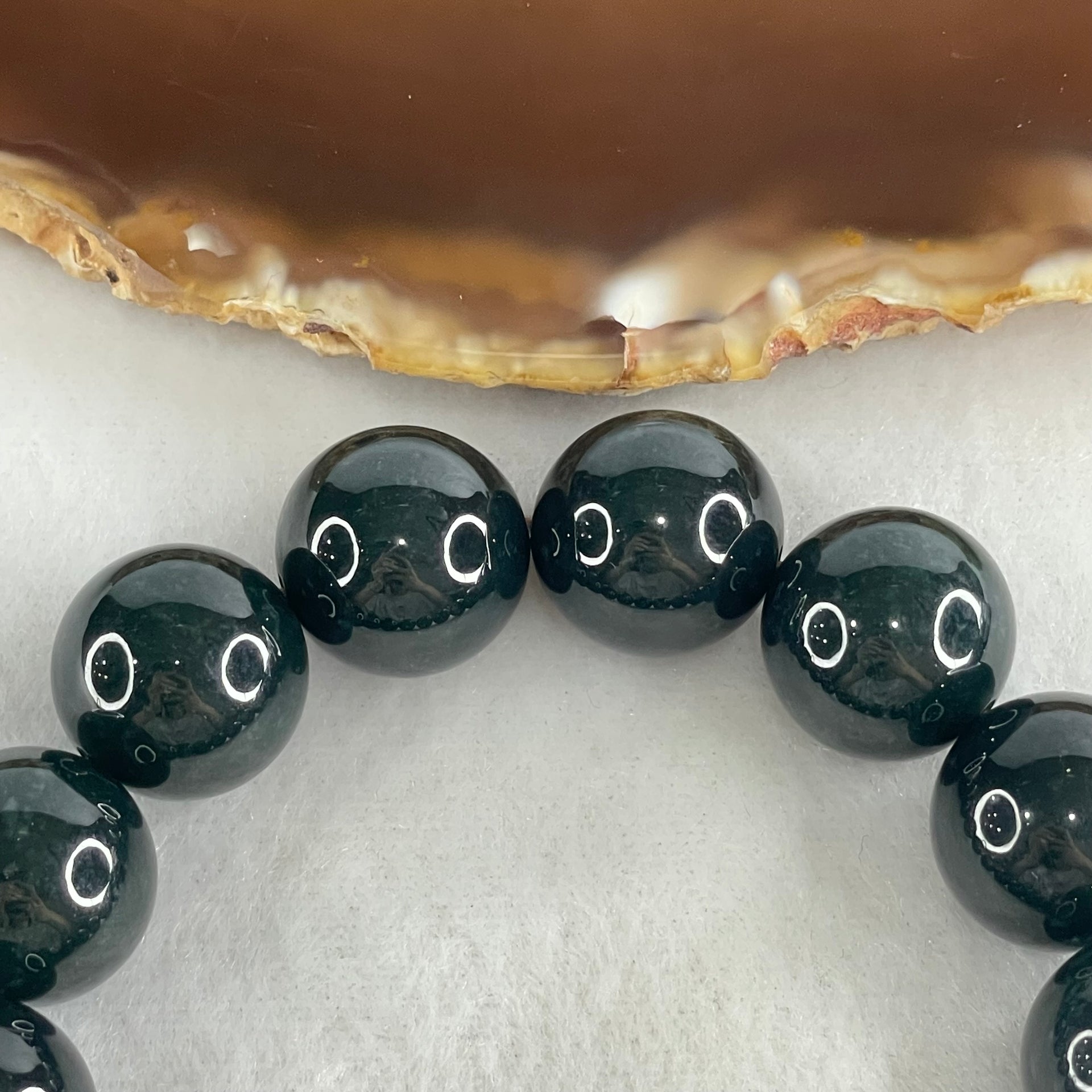 Rare High End Type A Highly Translucent Black Omphacite Jadeite Beads Bracelet 80.55g 16cm 15.0mm 14 Beads - Huangs Jadeite and Jewelry Pte Ltd