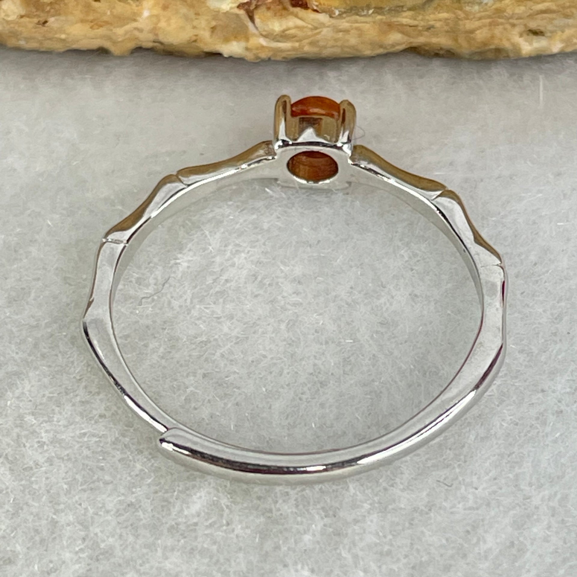 Type A Red Cabochon Jadeite in S925 Sliver Bamboo Ring (Adjustable Size) 1.00g 4.2 by 3.0mm - Huangs Jadeite and Jewelry Pte Ltd