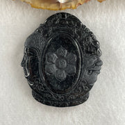 Type A Opaque Black Omphacite Jadeite Good Vs Evil Amitabha Buddha Pendant Dog and Boar Pig Zodiac Guardian 44.61g 50.6 by 43.4 by 12.0mm - Huangs Jadeite and Jewelry Pte Ltd
