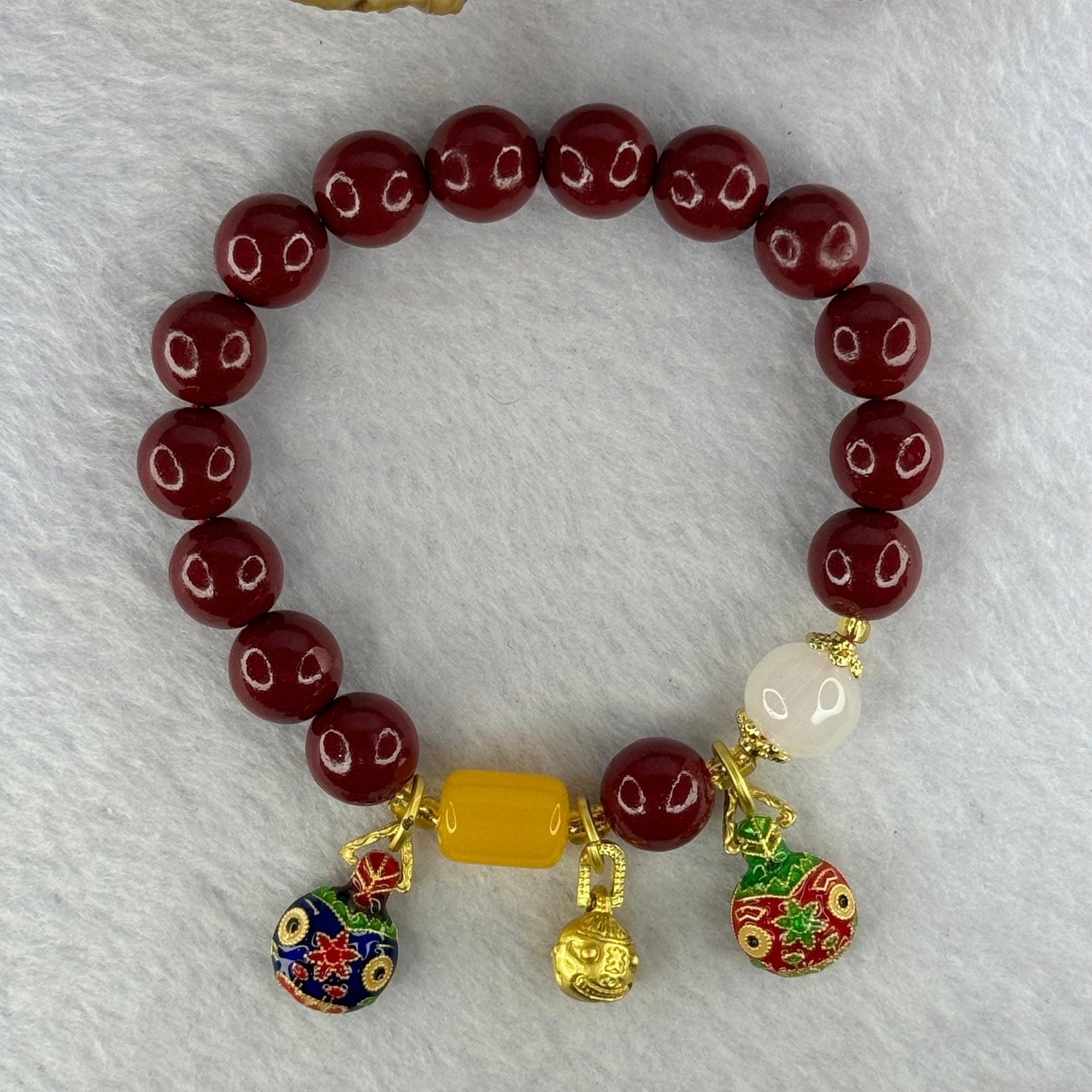 Natural Cinnabar Beads with Charms Bracelet 红朱砂手链 36.26g 16cm 10.2mm 15 Beads 11.7 by 8.3mm 1 LuluTong - Huangs Jadeite and Jewelry Pte Ltd