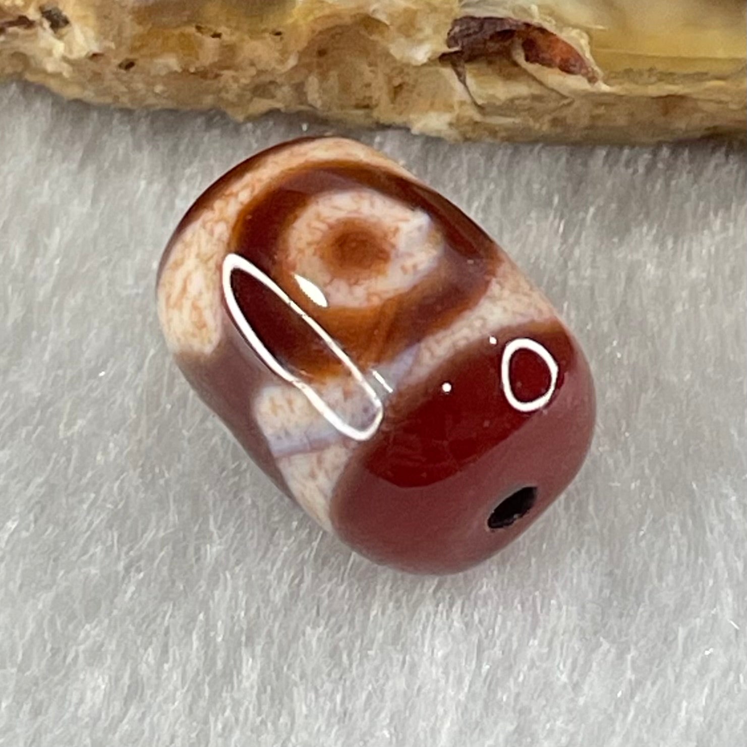Natural Powerful Tibetan Old Oily Agate 3 Eyes Dzi Bead Heavenly Master (Tian Zhu) 三眼天诛 2.31g 13.7 by 10.0mm - Huangs Jadeite and Jewelry Pte Ltd