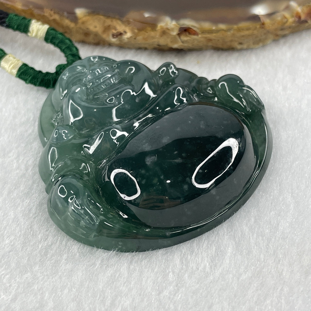 Natural Type A Icy Blueish Green Jadeite Milo Buddha Pendant 56.65g 50.8 by 52.8 by 12.4mm
