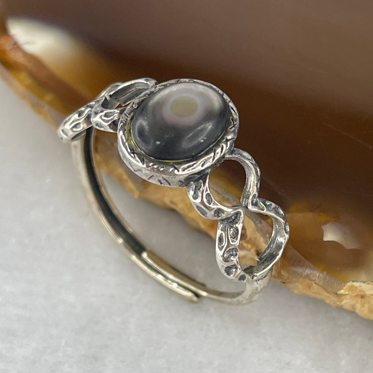 Natural Greyish Black Obsidian Ring in S925 Sliver 1.94g 7.1 by 5.0 by 2.5mm (Adjustable Size) - Huangs Jadeite and Jewelry Pte Ltd