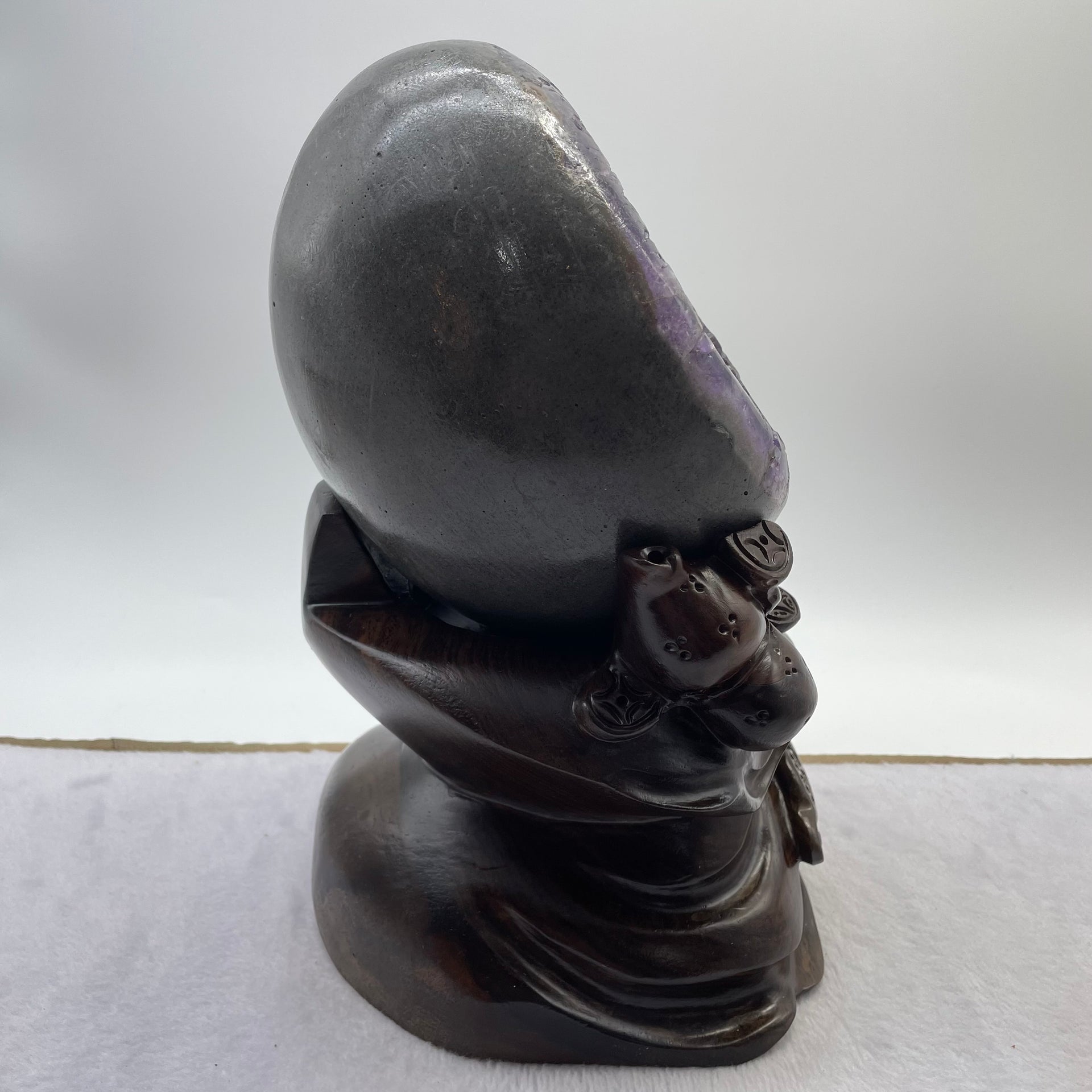 Natural Deep Purple Amethyst Egg with Wooden Stand Display Total 4,721.8g 155.0 by 165.0 by 265.0mm - Huangs Jadeite and Jewelry Pte Ltd