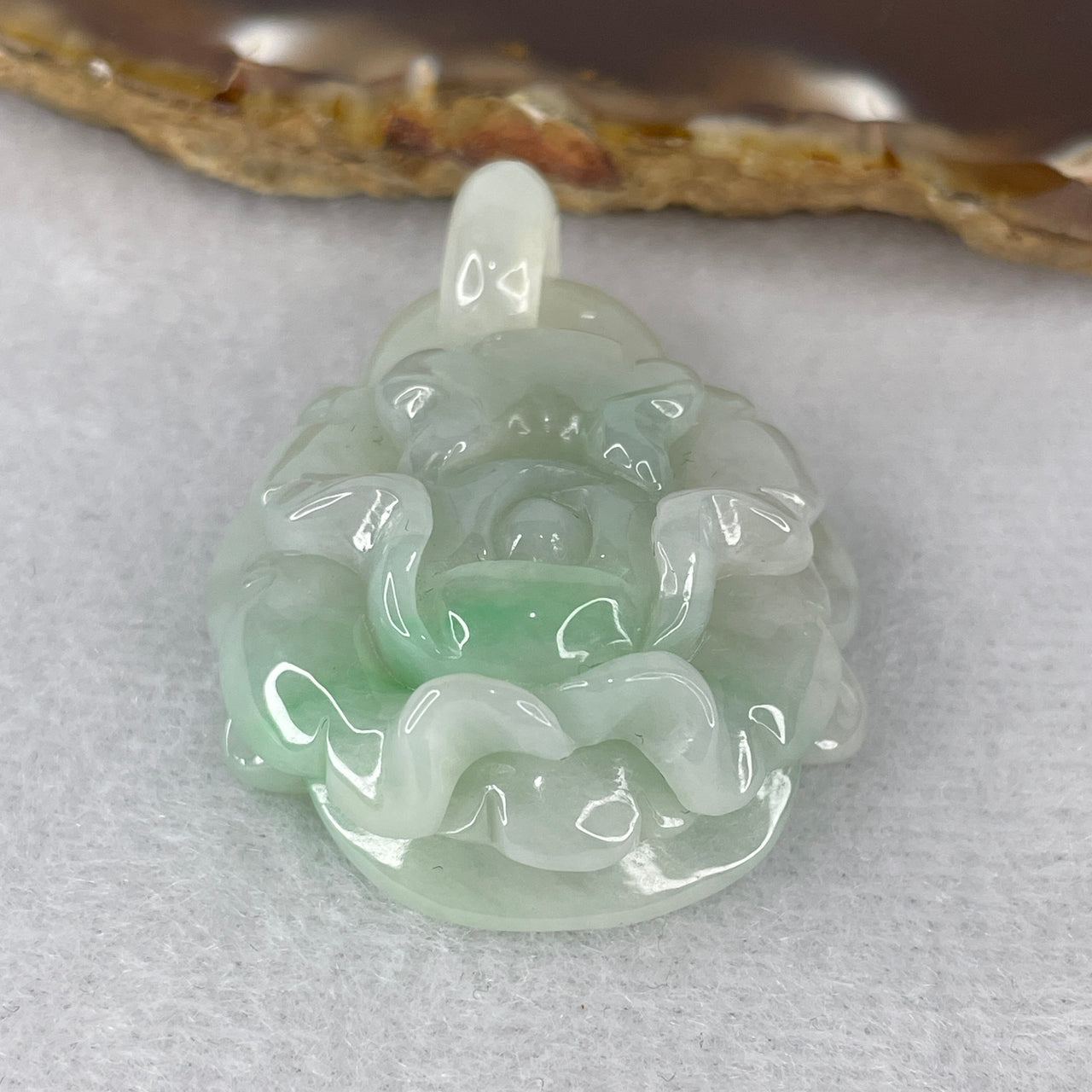 Natural Type A Jelly Light Green & Green Piao Hua Jadeite Flower Pendant | "Eternal Bloom" Abundance & Heart Chakra Protection Pendant (26.20g 37.4x32.7x14.2mm)