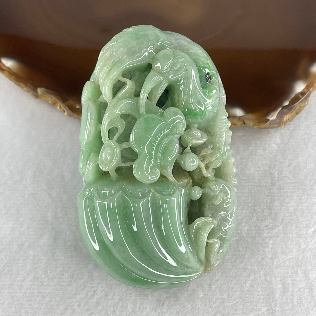 Natural Type A Green with Apple Green and Wuji Grey Jadeite Crane with Ruyi, Fish and Ingot Display 282.61g 86.7 by 54.6 by 37.8mm