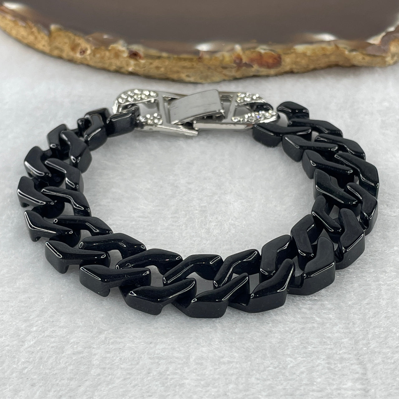 Certified Natural Type A Black Omphacite Jadeite Cuban Tennis Bracelet with Sliver Color and Cubic Zirconia Clap 28.09g Up to 19cm 14.0 by 5.0mm 17 Pcs