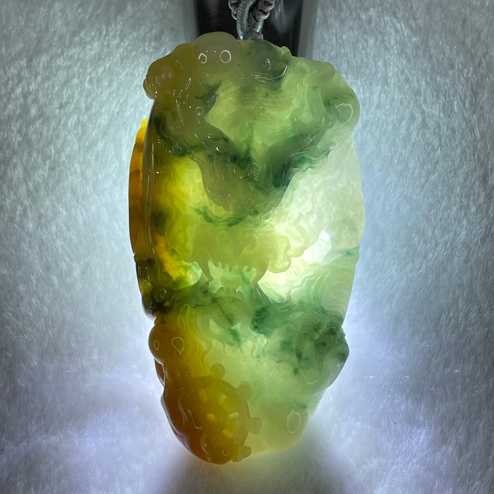 Type A Blueish Green and Yellow with Dark Blueish Green Piao Hua Jadeite Double Sided Dragon Pendant Necklace 89.28g 73.2 by 41.2 by 14.3mm - Huangs Jadeite and Jewelry Pte Ltd