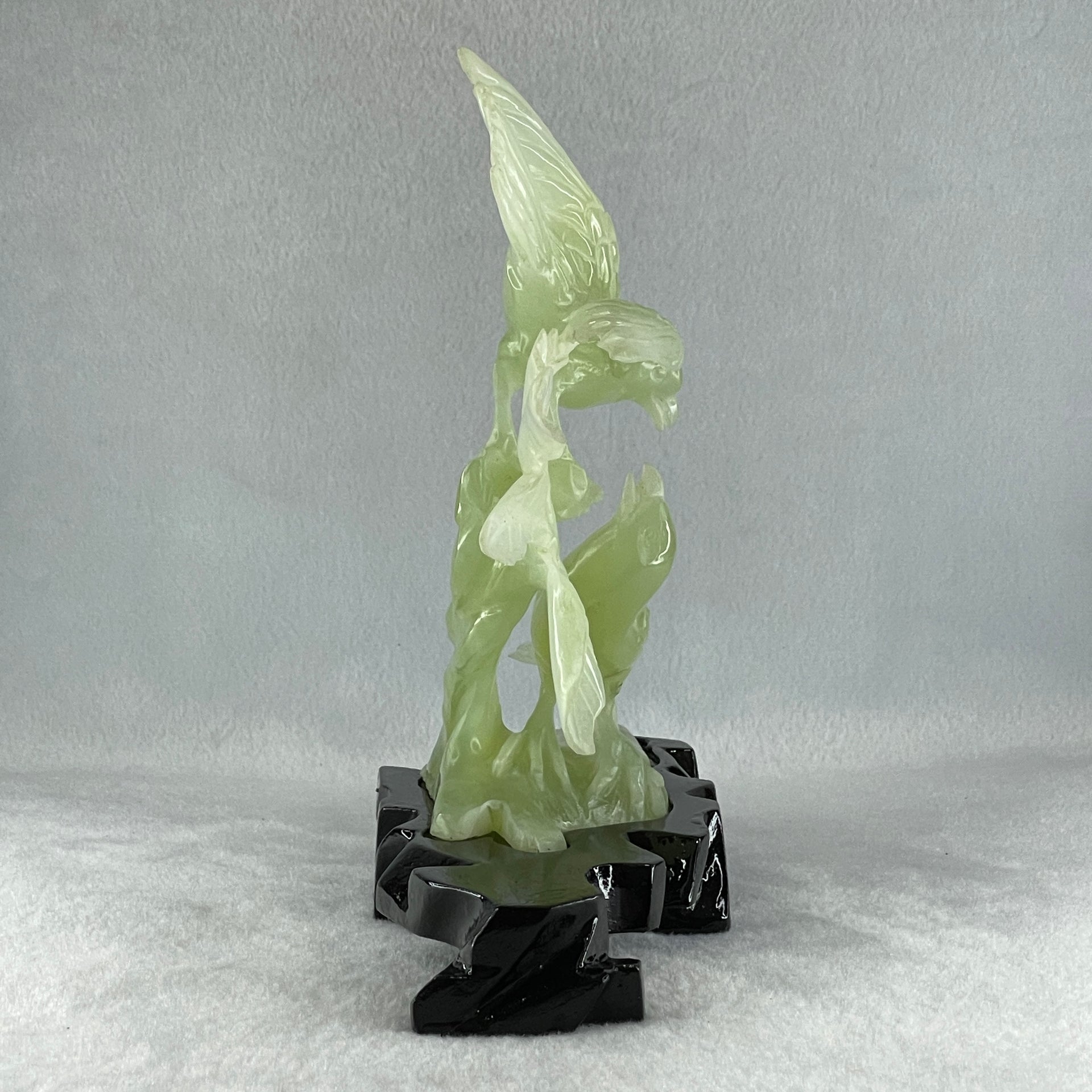 Natural Green Serpentine Twin Magpie Birds on Tree with Wooden Stand Display 453.4g 230.0 by 196.0 by 79.0mm - Huangs Jadeite and Jewelry Pte Ltd