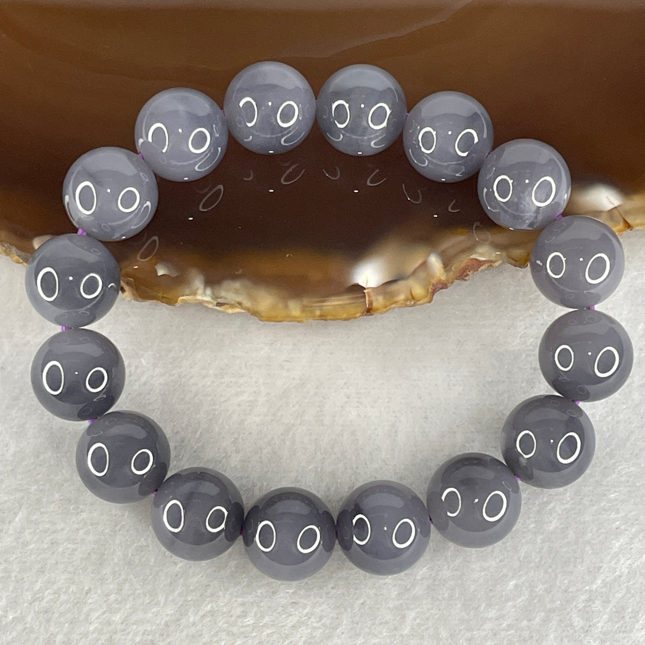 Certified Natural Nephrite Bracelet 40.90g - 11.9mm x 16 Beads - 15cm Length - Purplish Grey Grade A Untreated Nephrite Jade Jewelry