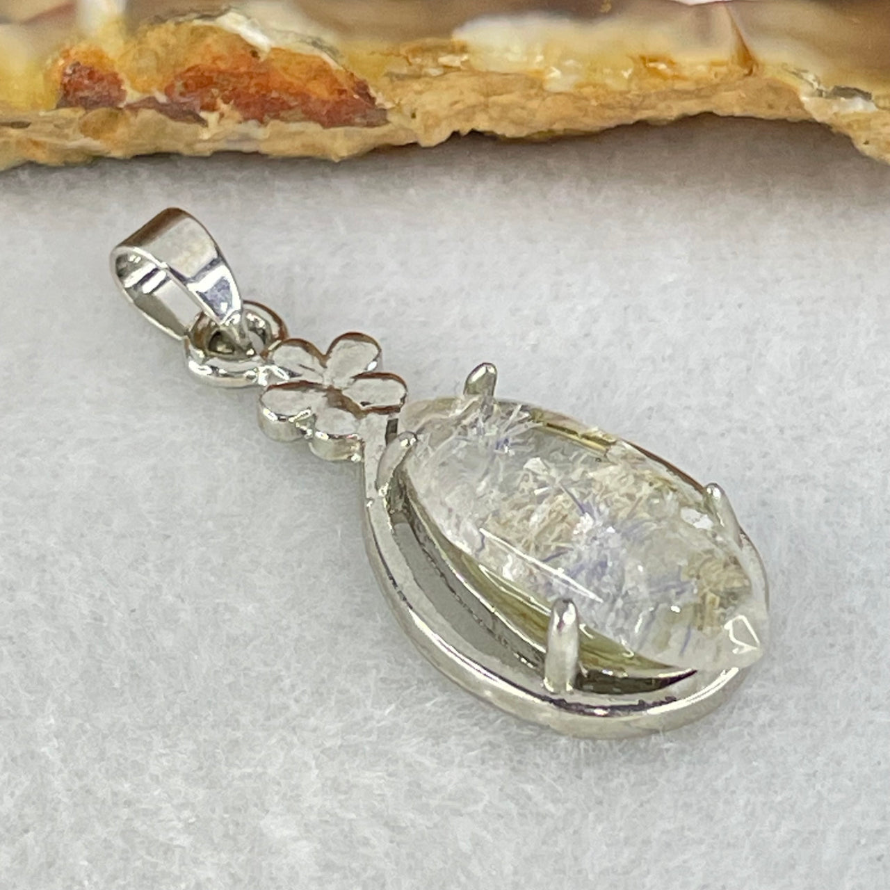 Good Grade Rare Natural Blue Dumortierite Rutilated Quartz in S925 Pendant 2.96g 18.2 by 8.2 by 3.5mm - Huangs Jadeite and Jewelry Pte Ltd