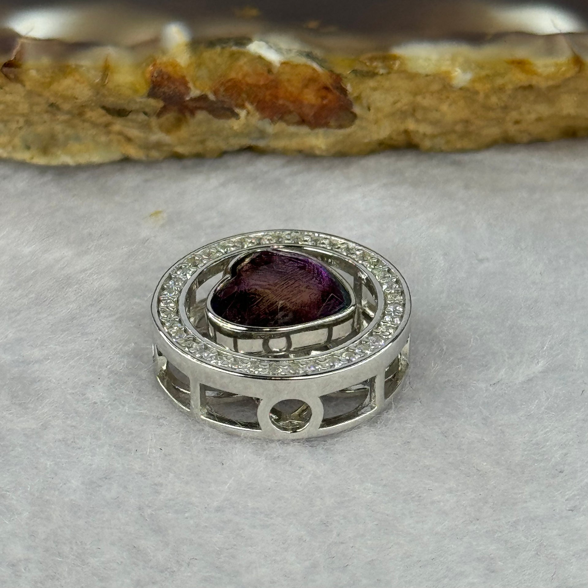 Natural Meteorite Powerful Energy Spinning Purple with Yellow Heart Charm in S925 Silver with Crystals For Necklace / Bracelet 2.89g 15.9 by 6.9mm - Huangs Jadeite and Jewelry Pte Ltd