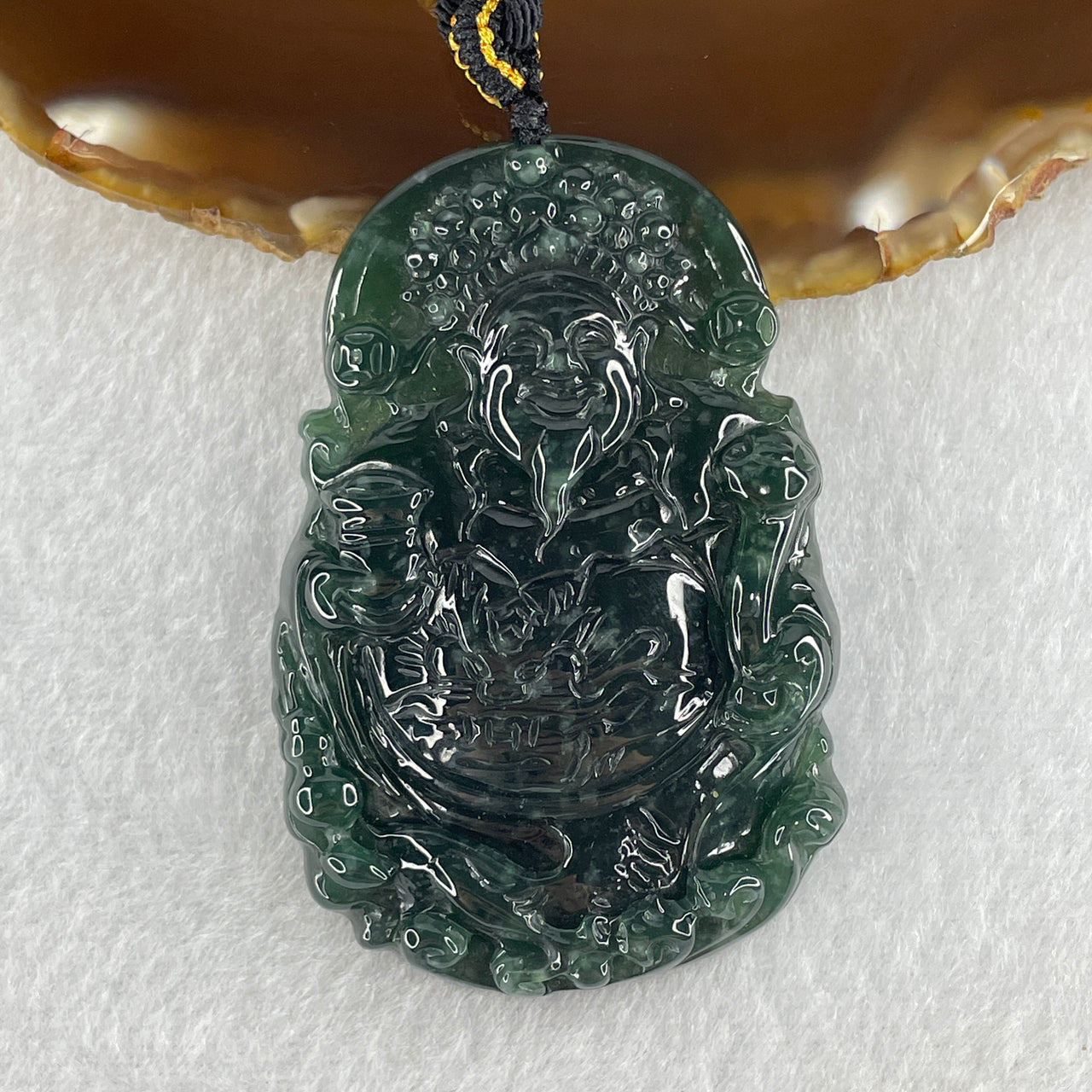 Natural Type A Dark Blueish Green Jadeite Cai Shen Ye God of Fortune Pendant 45.15g 62.2 by 41.7 by 8.4mm