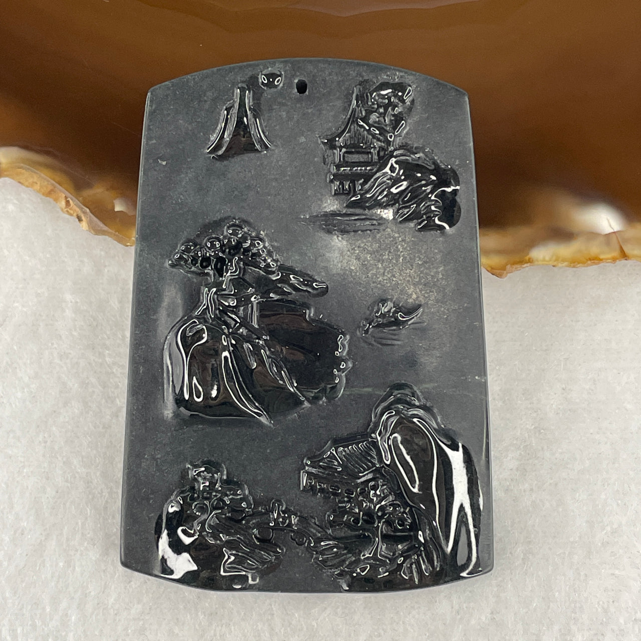 Certified Type A Opaque Black Omphacite Jadeite Shan Shui & Gui Ren Pendant | 62.4mm Natural Black Jade Mountain Water & Benefactor Talisman (25.96g | 62.4 x 43.5 x 8.8mm)